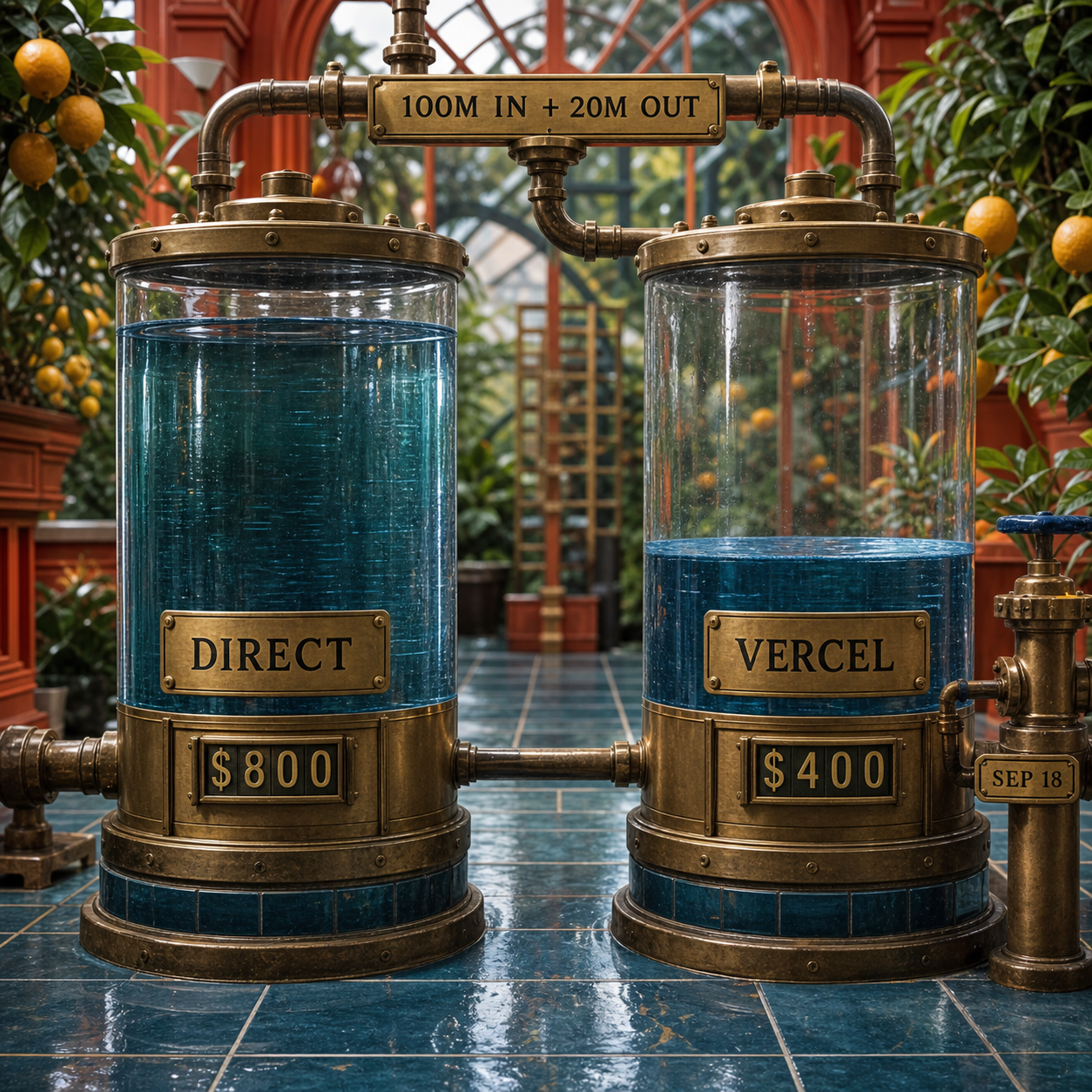 Two greenhouse reservoirs compare an $800 direct GPT-5.6 Sol bill with a $400 Vercel bill for 100 million input and 20 million output tokens