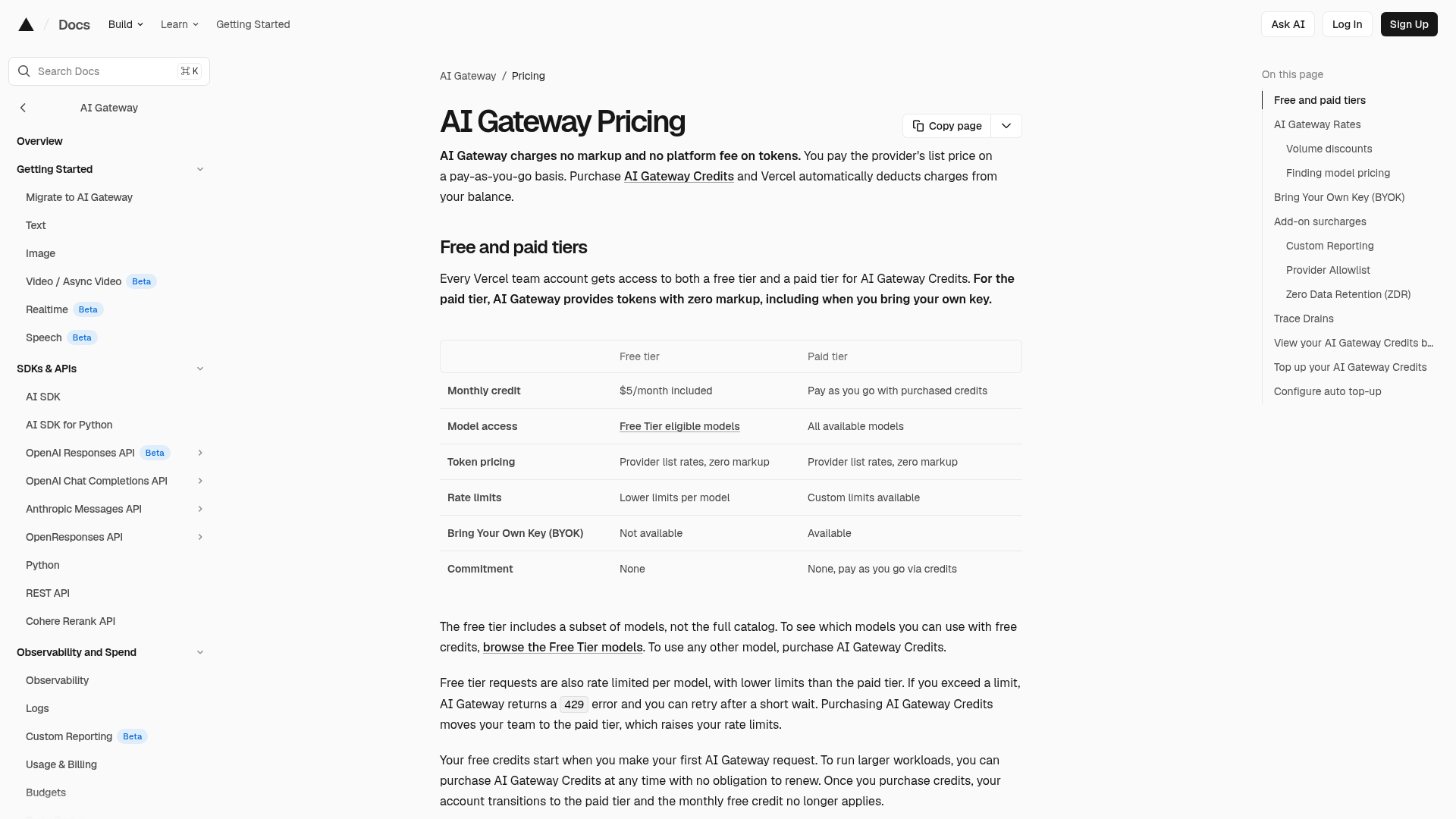 Vercel AI Gateway pricing page showing Free and Paid tiers and add-on charges