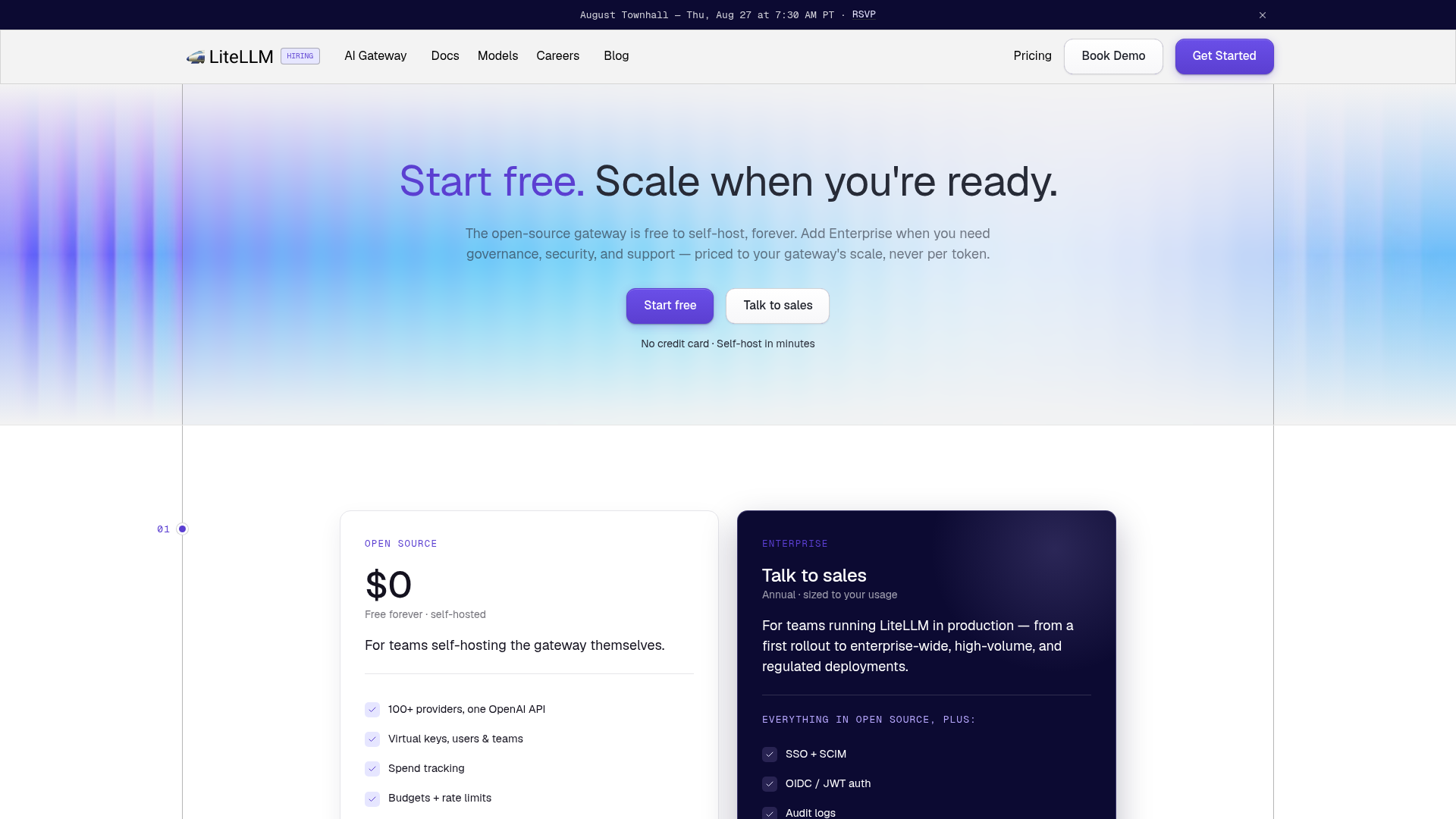 LiteLLM pricing page showing Open Source and Enterprise plans