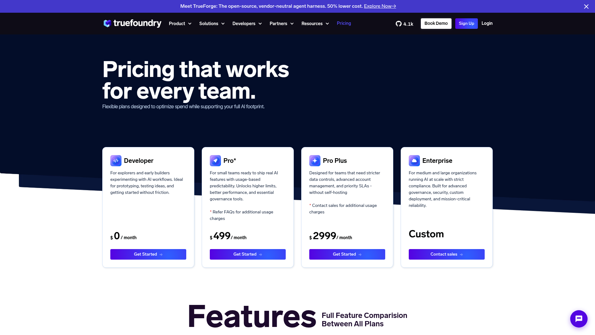 TrueFoundry pricing page showing Developer, Pro, Pro Plus, and Enterprise tiers