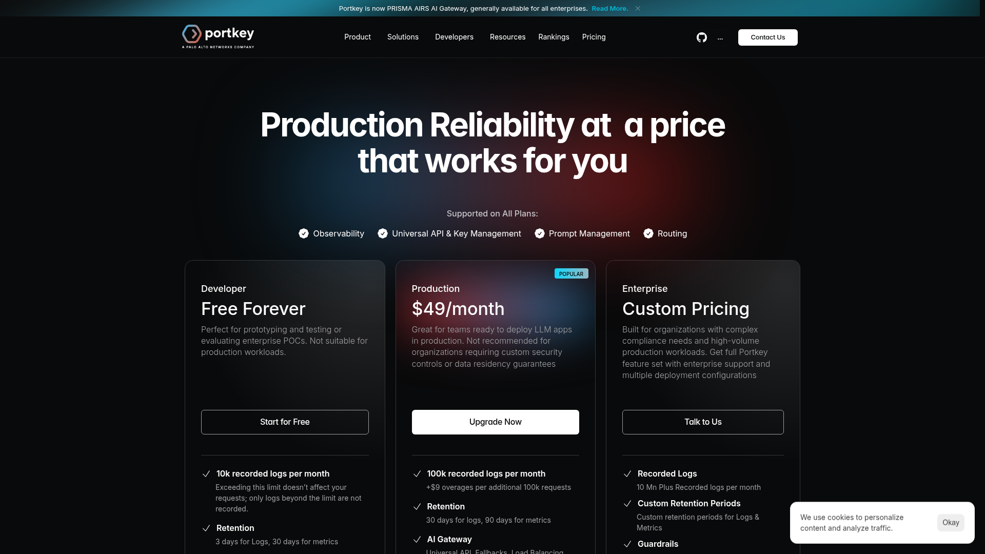 Portkey pricing page showing Open Source, Developer, Production, and Enterprise plans