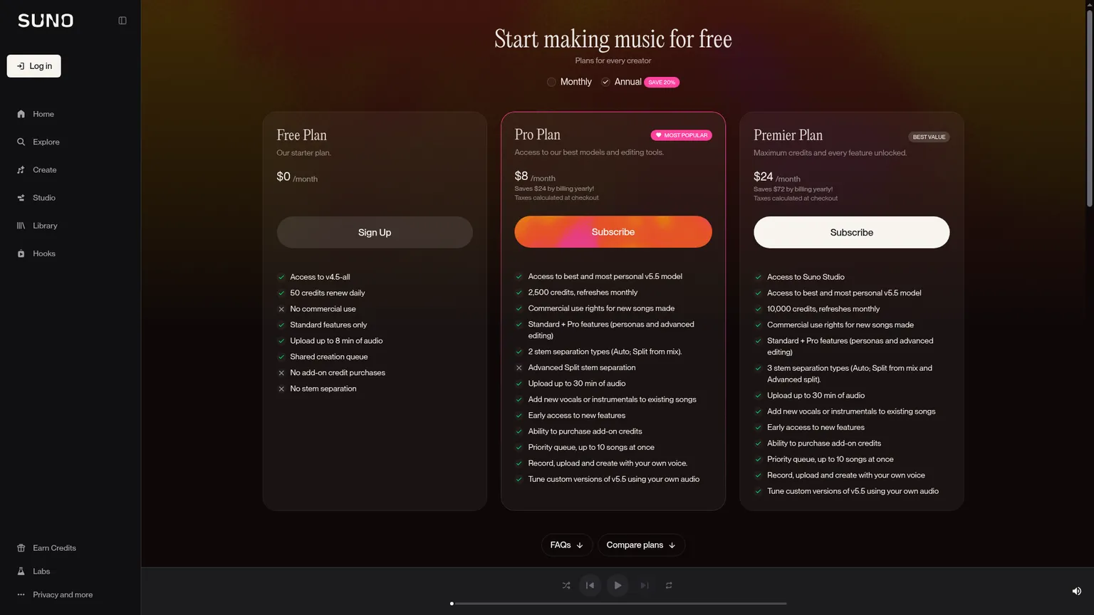 Pagina prezzi di Suno con i piani Free, Pro e Premier per generare musica