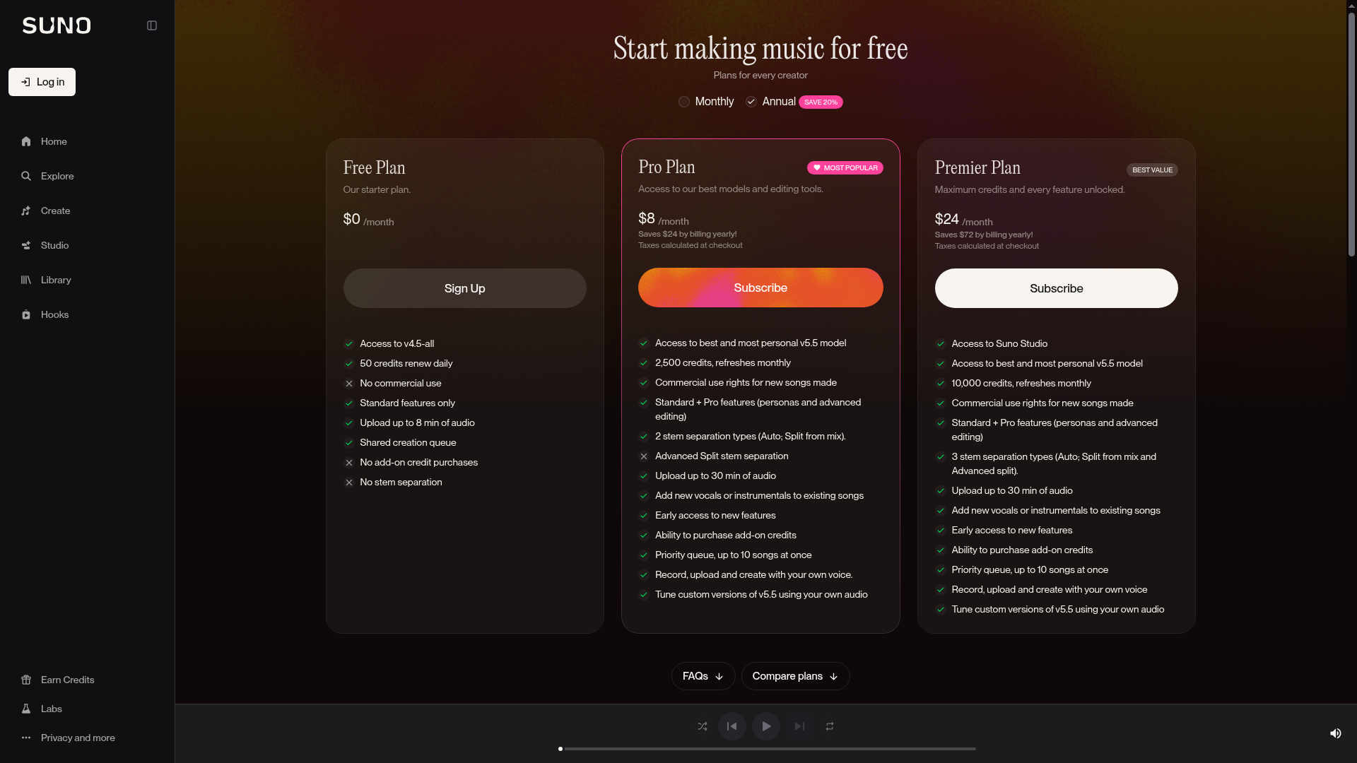 Suno pricing page showing Free, Pro, and Premier music generation plans
