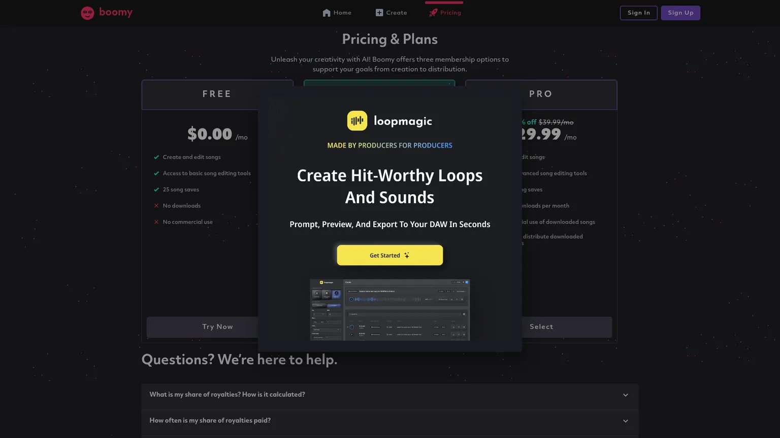Piani di abbonamento Boomy per generare musica con relativi limiti di download