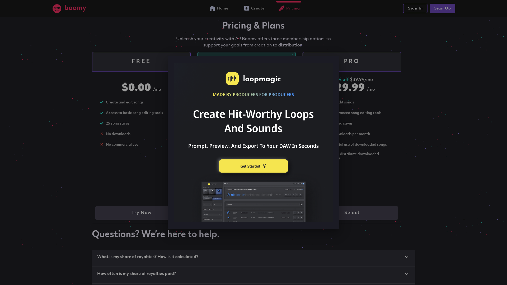 Boomy music generation membership plans and download limits