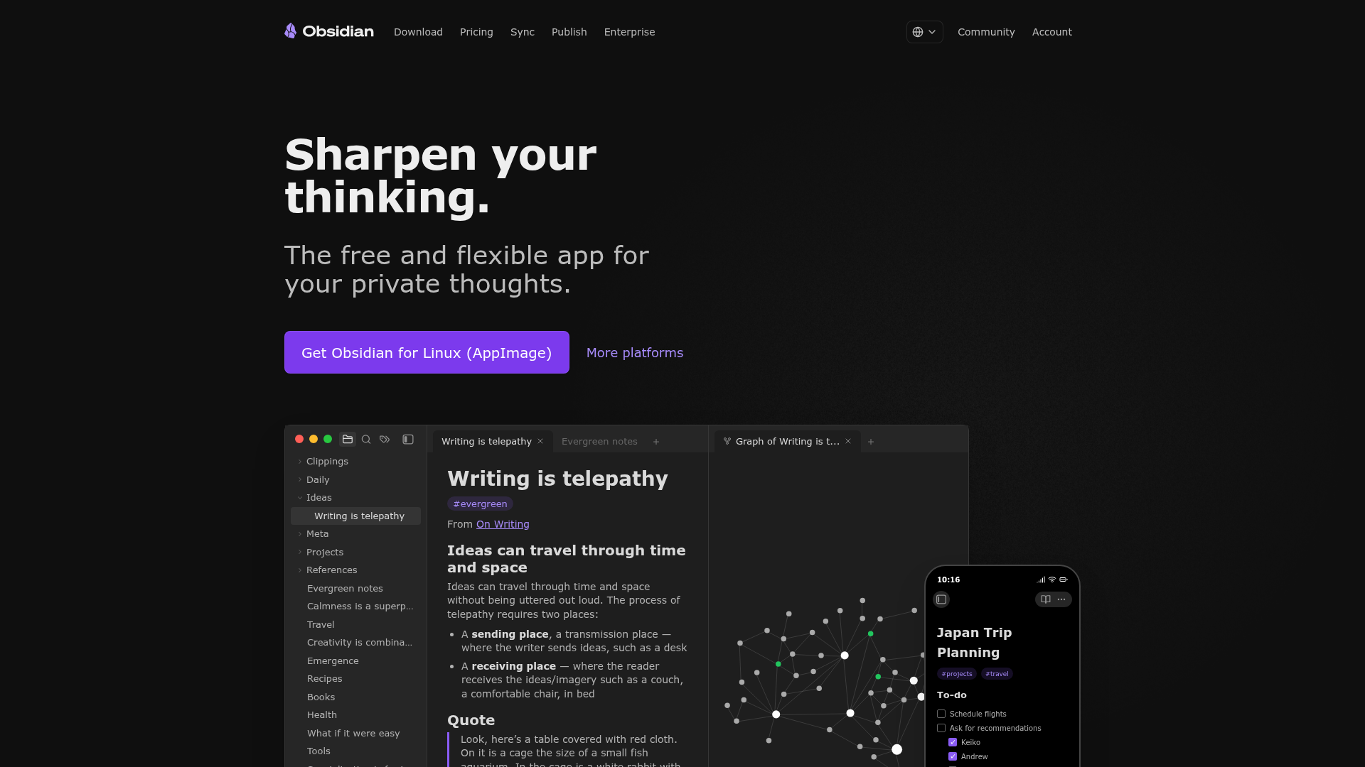 Obsidian local-first notes and graph view screenshot