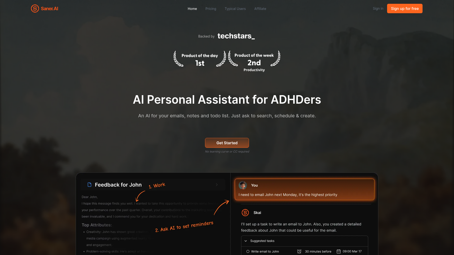 Saner.ai proactive notes and tasks screenshot