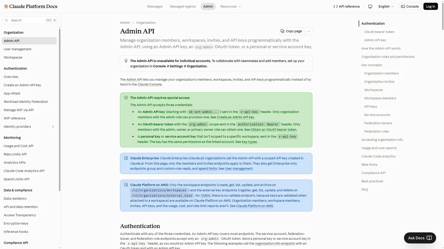 Anthropic Admin API documentation