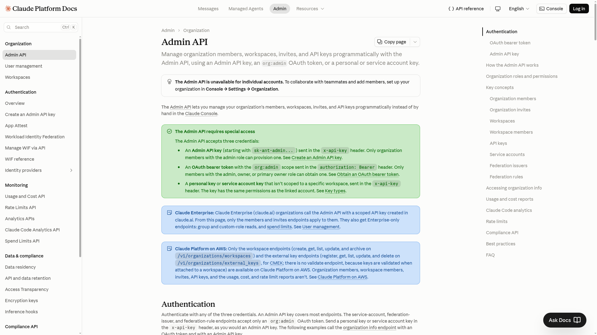 Anthropic Admin API documentation