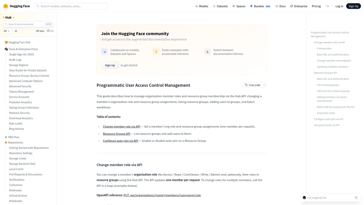 Hugging Face programmatic user access control documentation