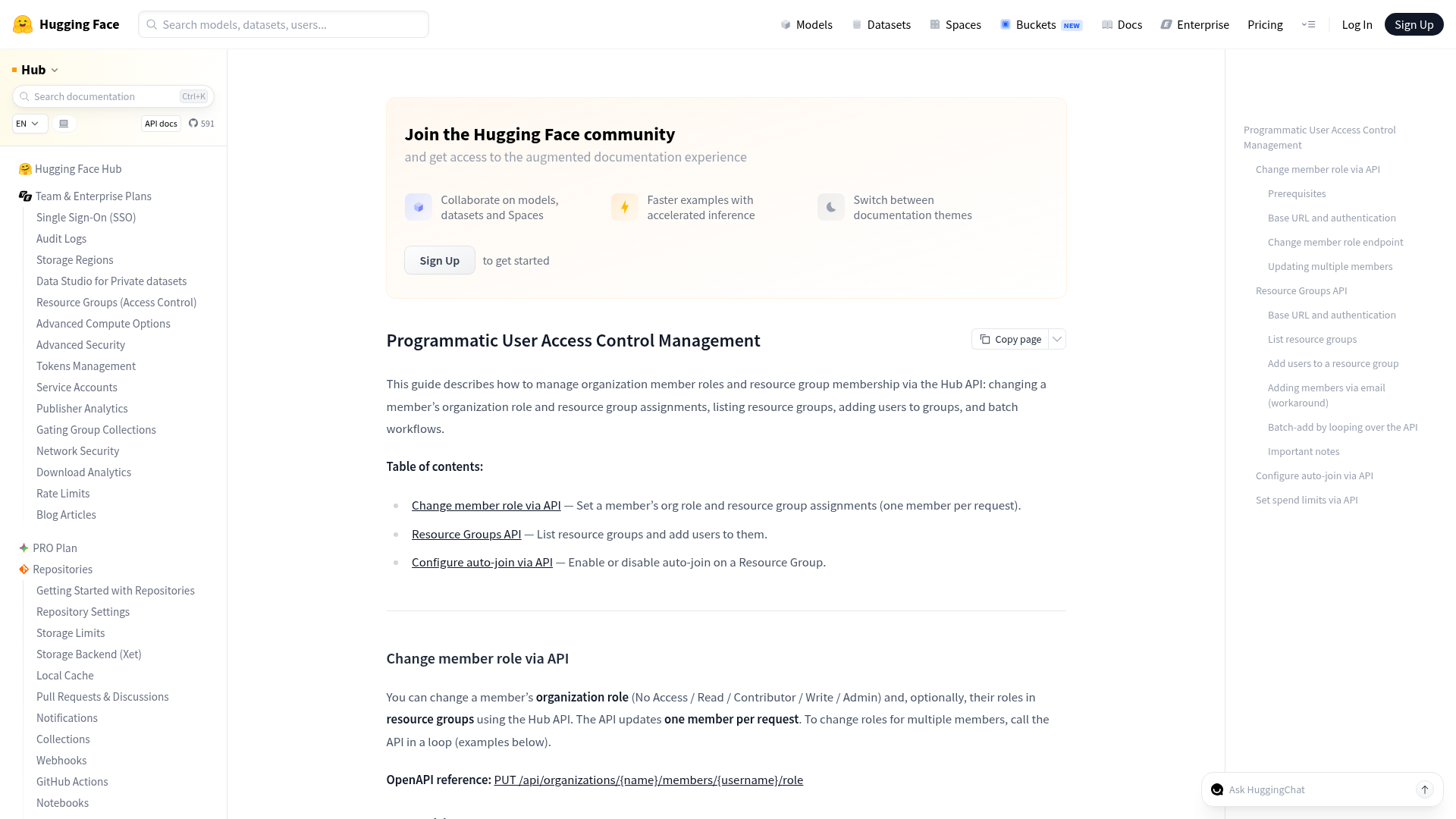 Hugging Face programmatic user access control documentation