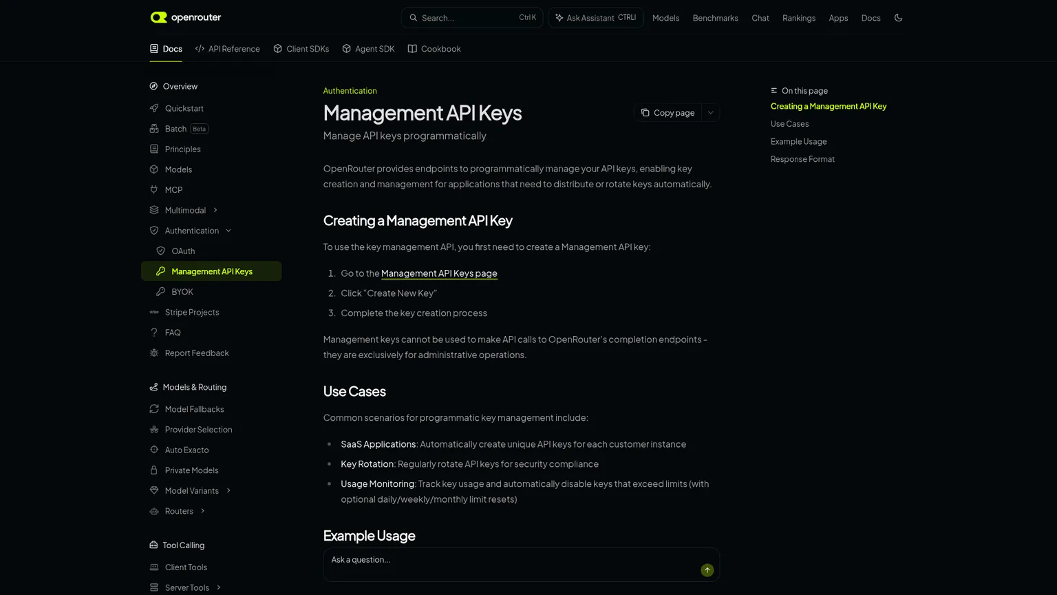 OpenRouter Management API key documentation
