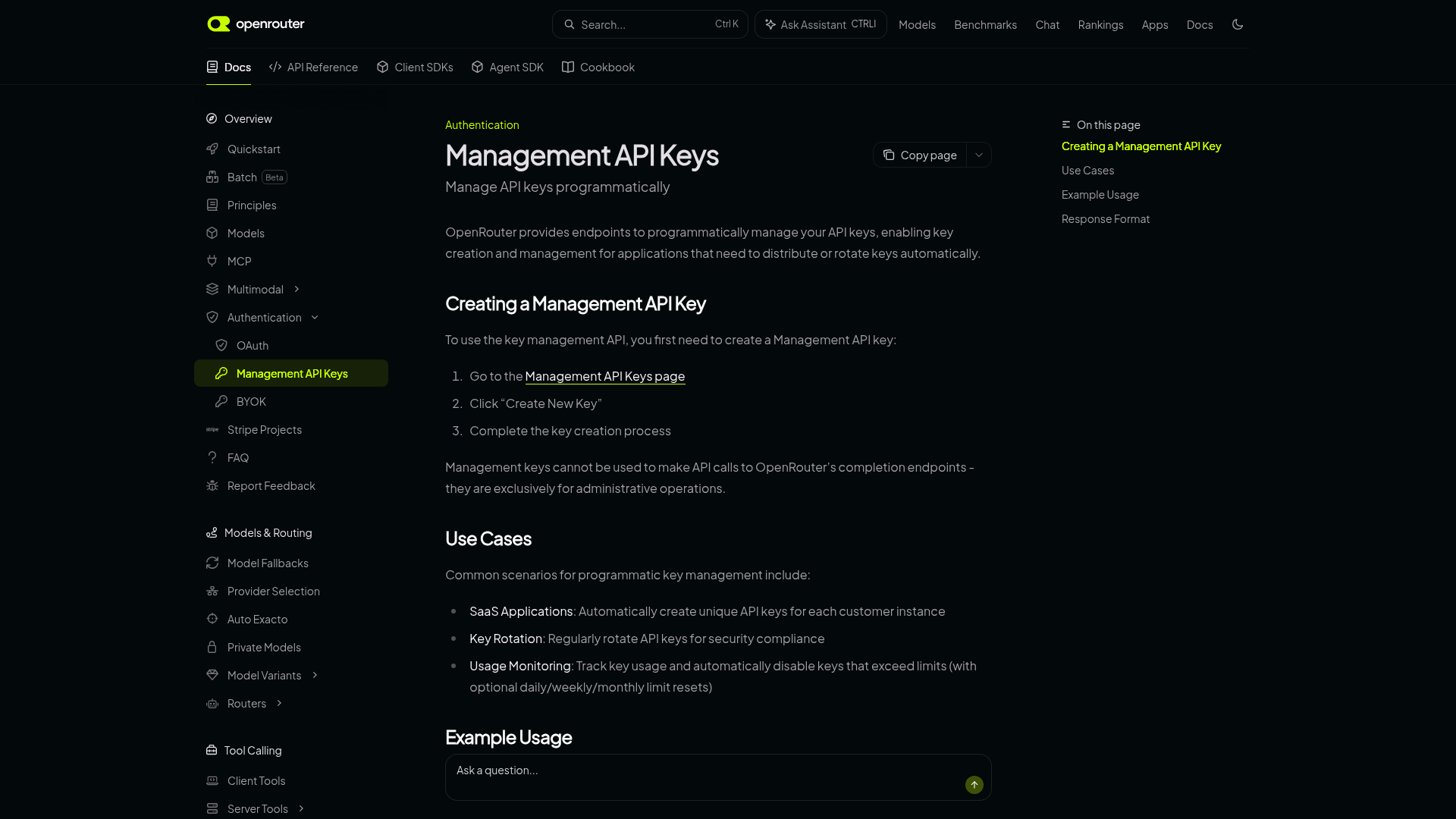 OpenRouter Management API key documentation