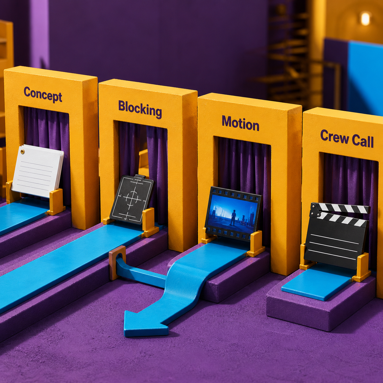 A physical production decision flow from concept through blocking and motion to crew call