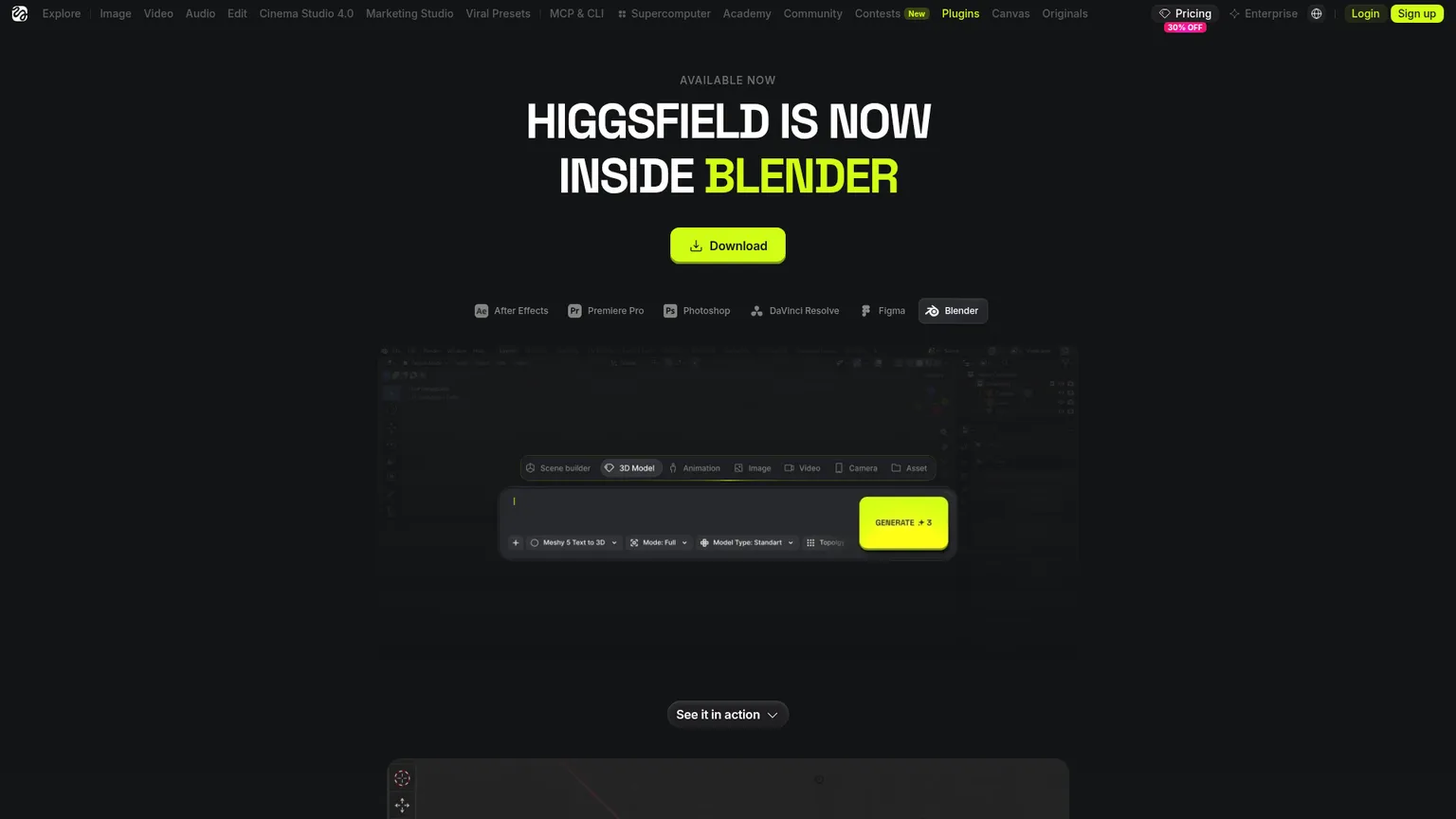 إضافة Higgsfield for Blender معروضة داخل نافذة العرض في Blender