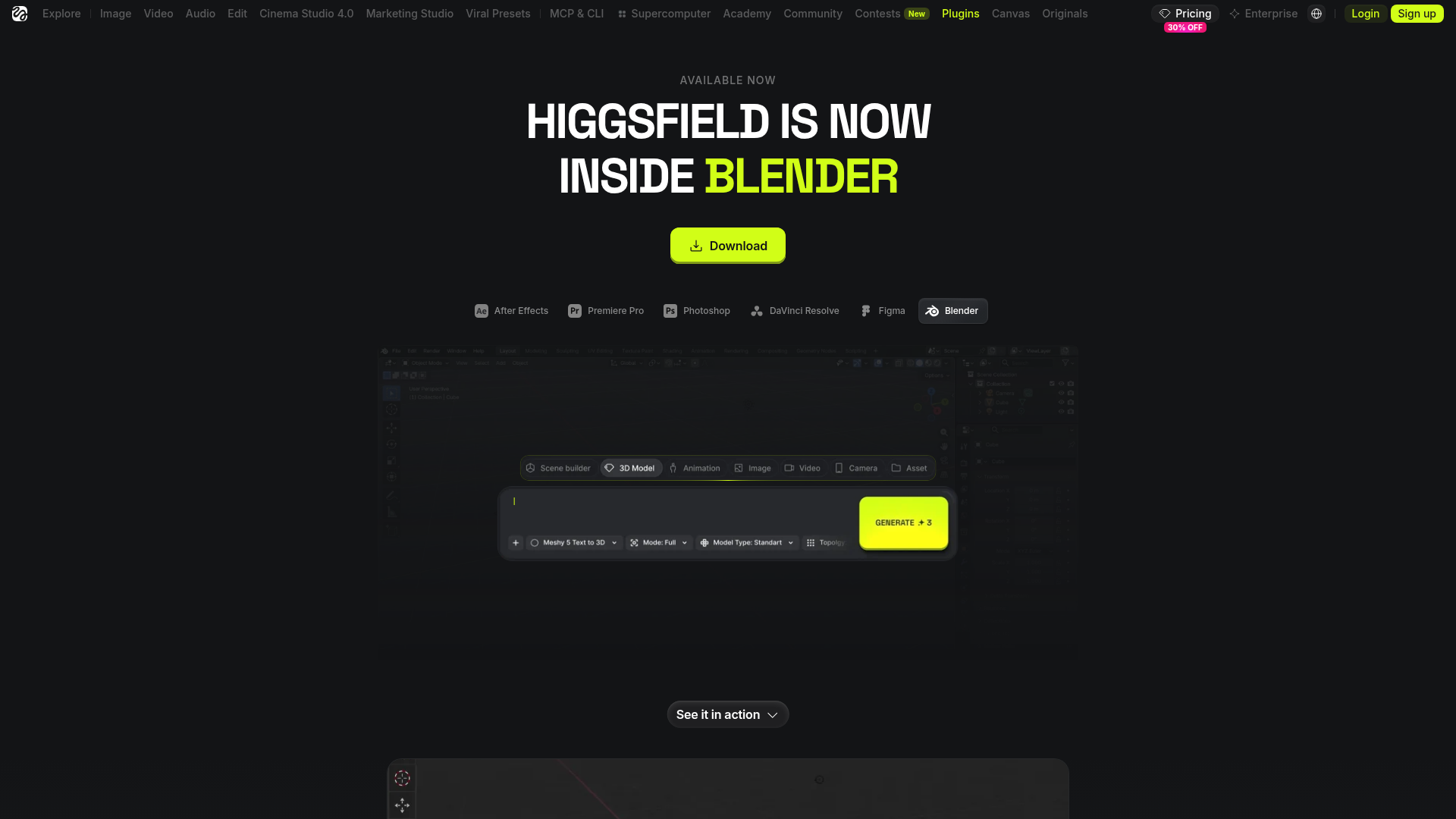Higgsfield for Blender add-on shown inside the Blender viewport