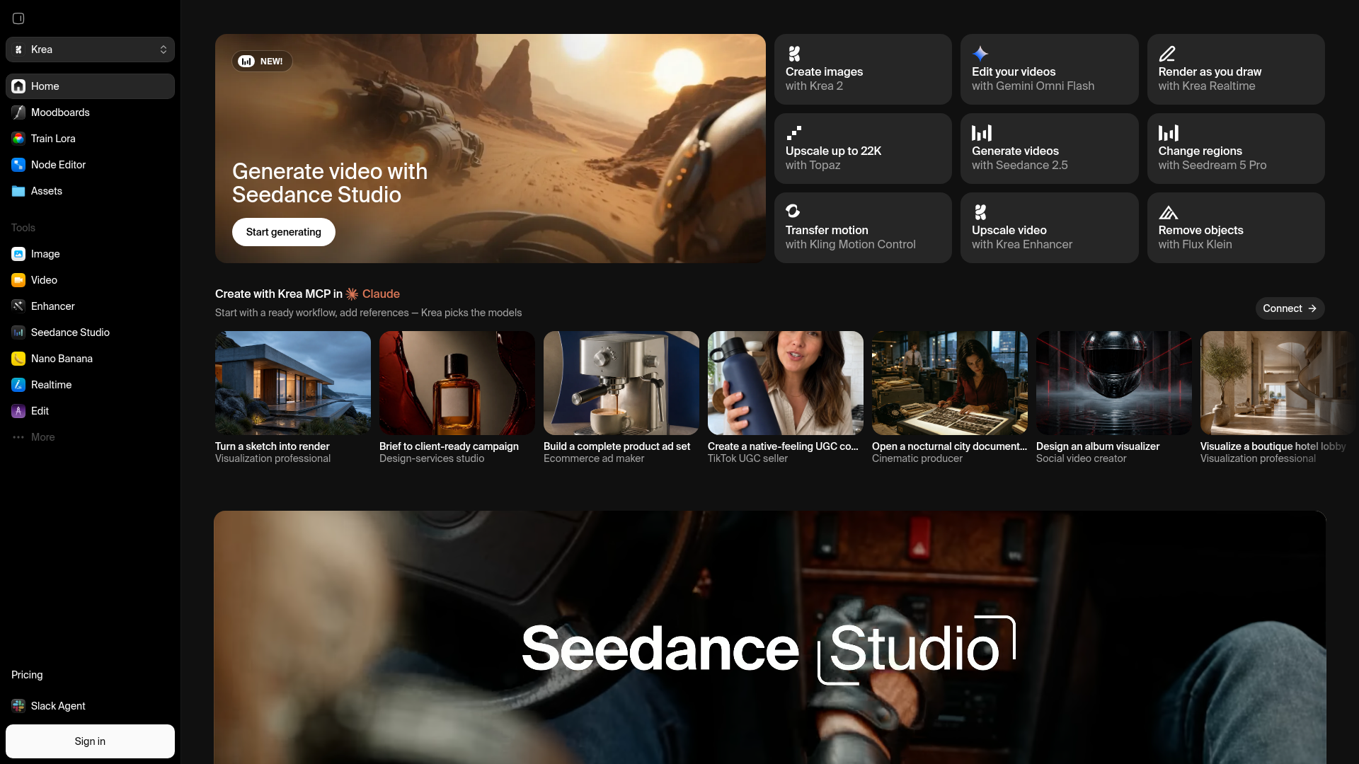Krea workspace for image, video, 3D, and real-time visual exploration