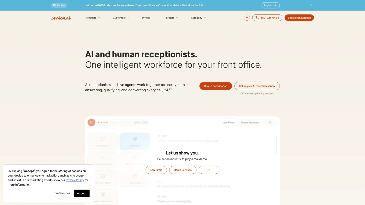 Capture d’écran du réceptionniste IA et des agents humains Smith.ai