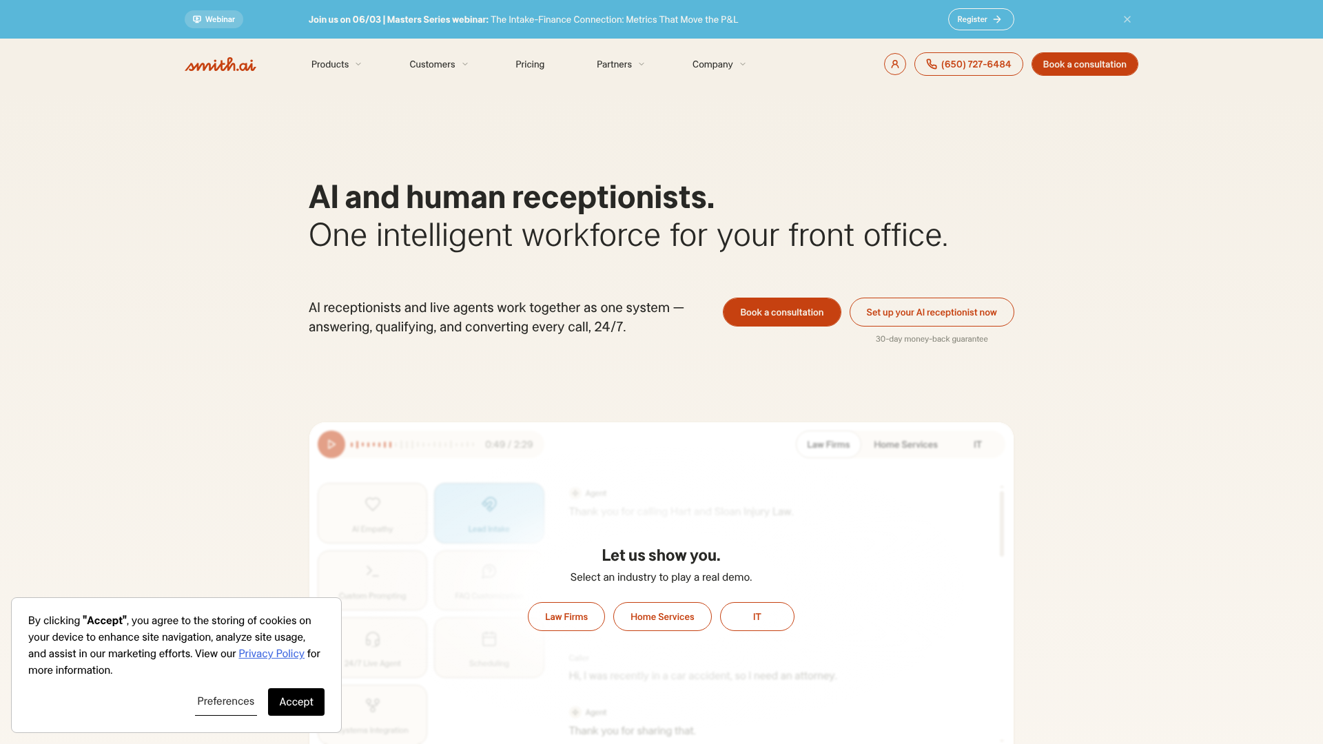 Smith.ai AI receptionist and human agents screenshot
