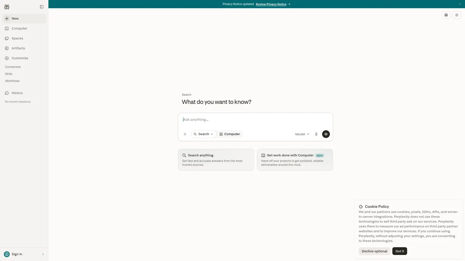 Perplexity web research interface