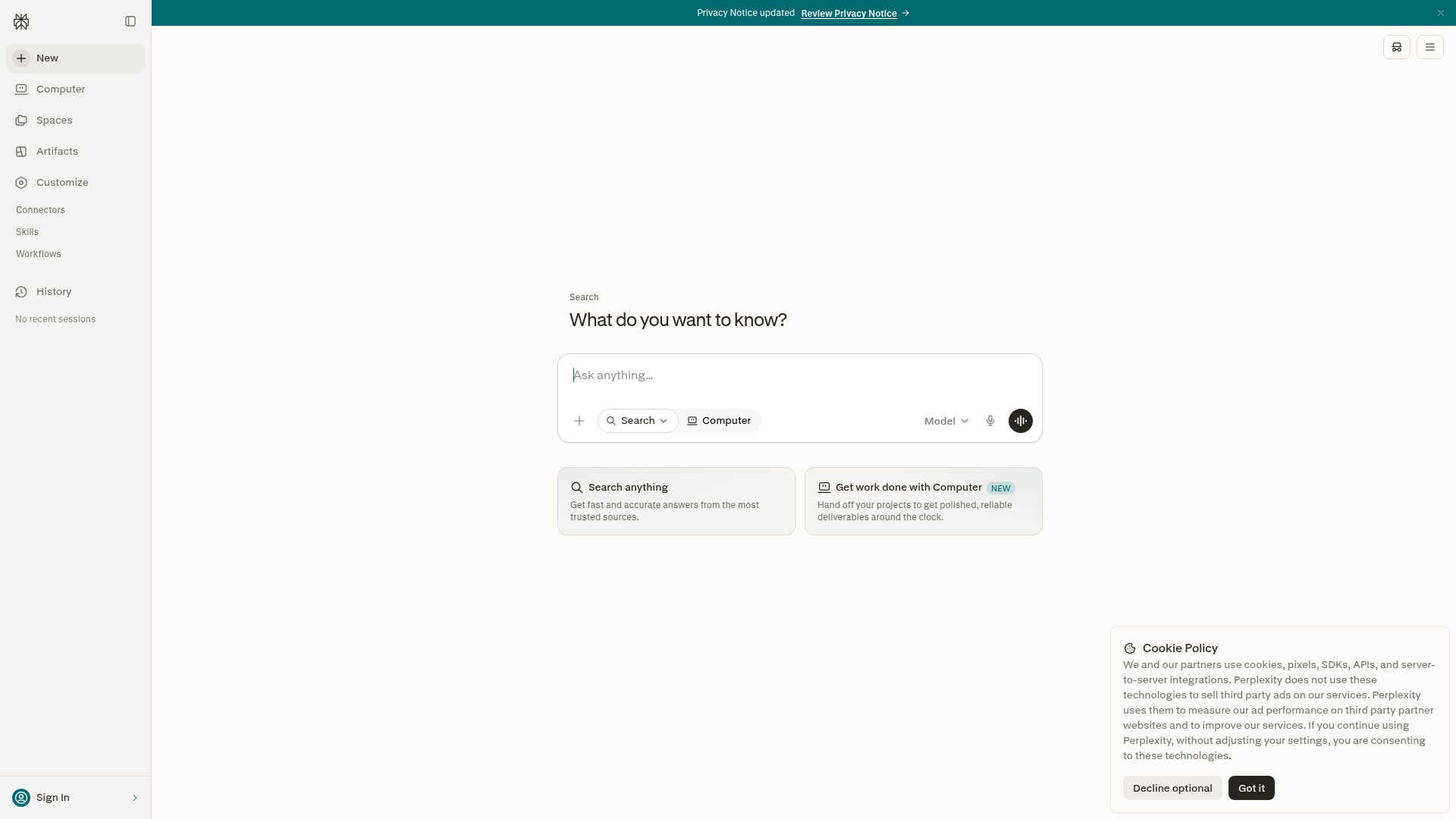 Perplexity web research interface