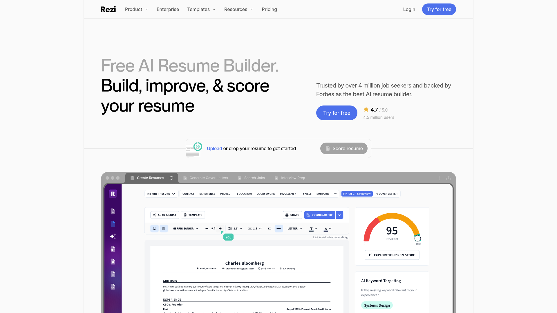 Rezi AI resume builder interface