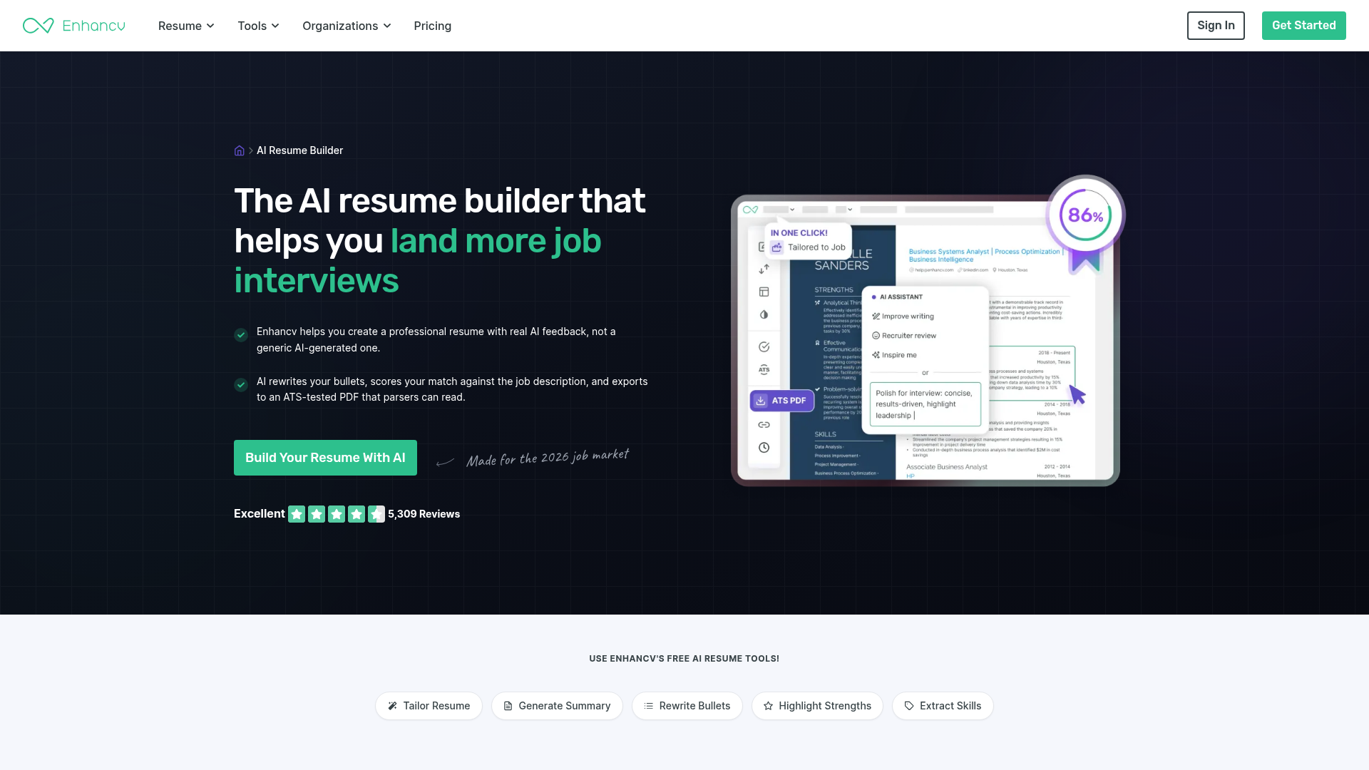 Enhancv AI resume builder and job tailoring interface