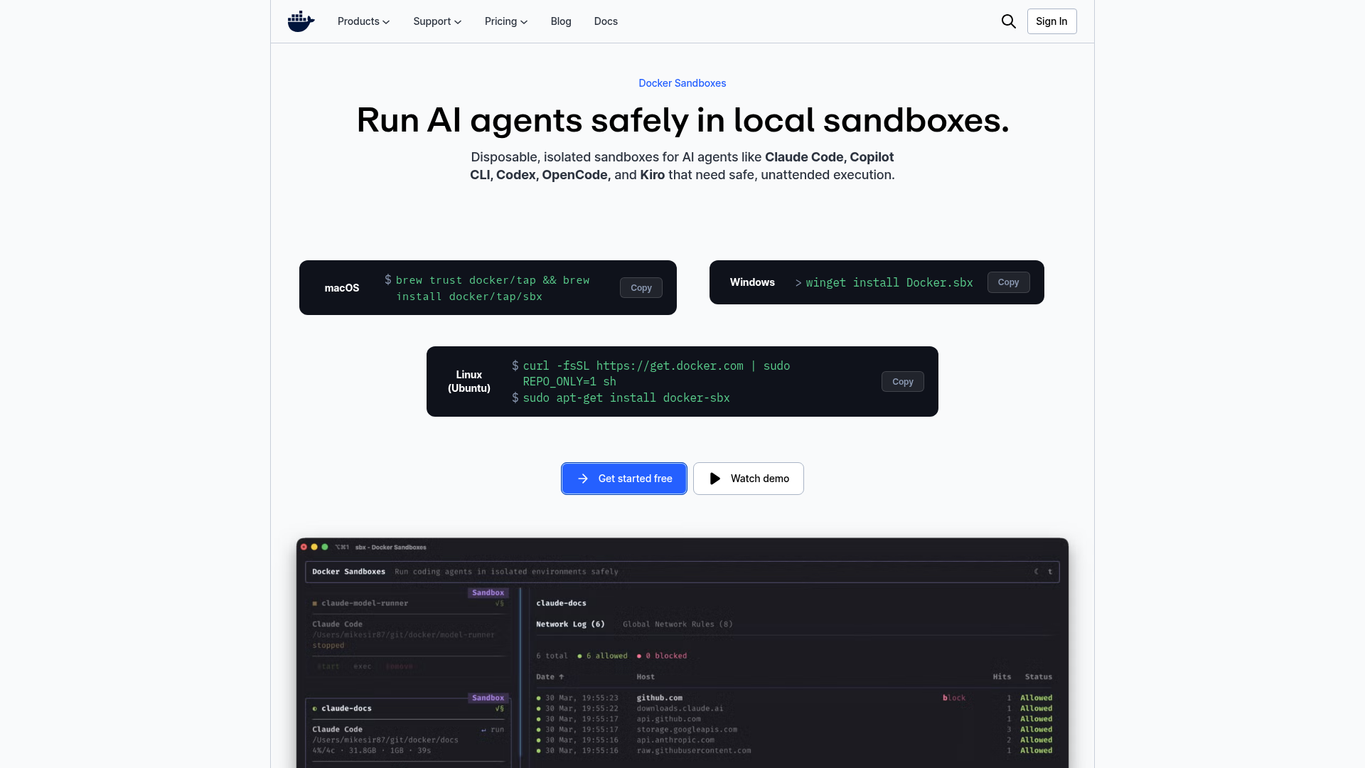 Docker Sandboxes product page for running coding agents in local microVMs