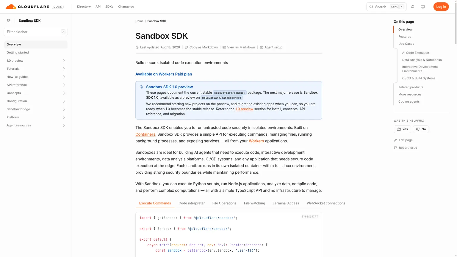 Dokumentation des Cloudflare Sandbox SDK zur isolierten Codeausführung aus Workers