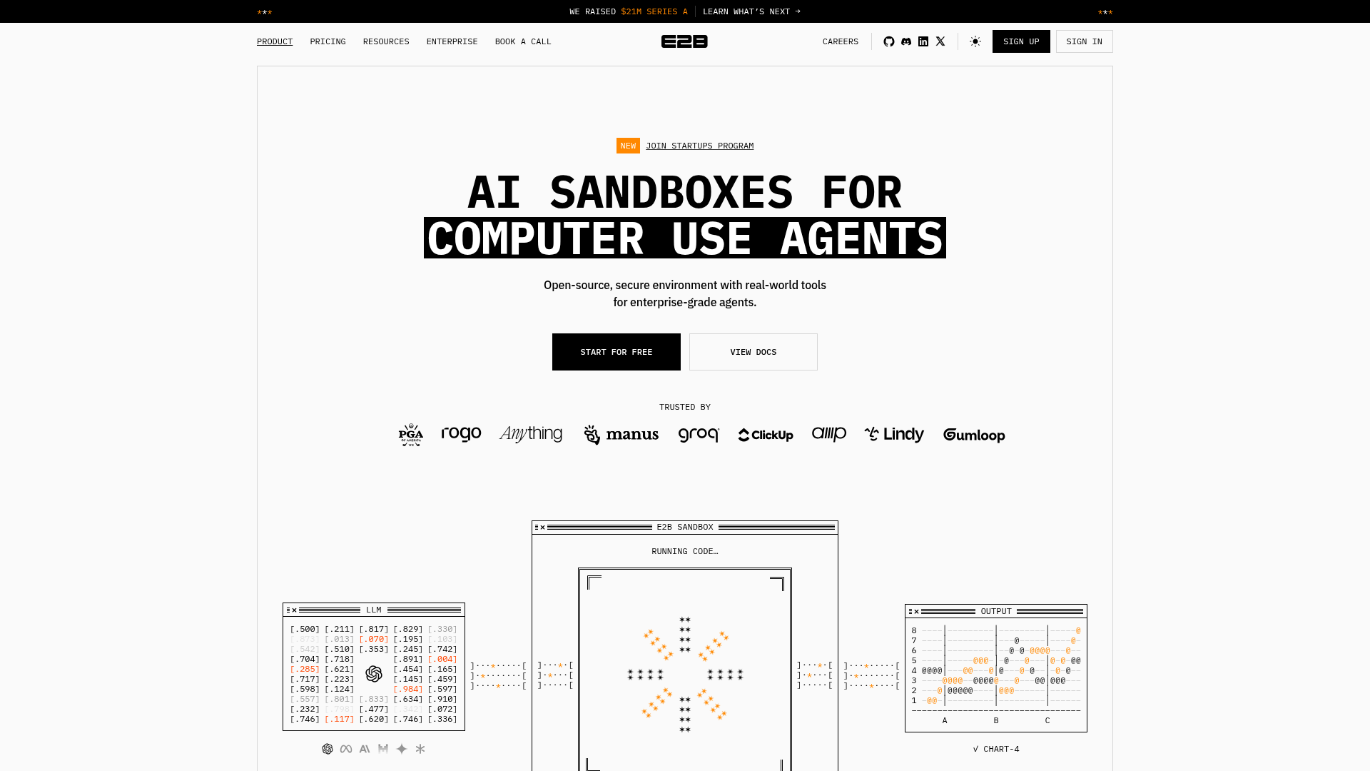 E2B homepage showing secure cloud sandboxes for AI agents