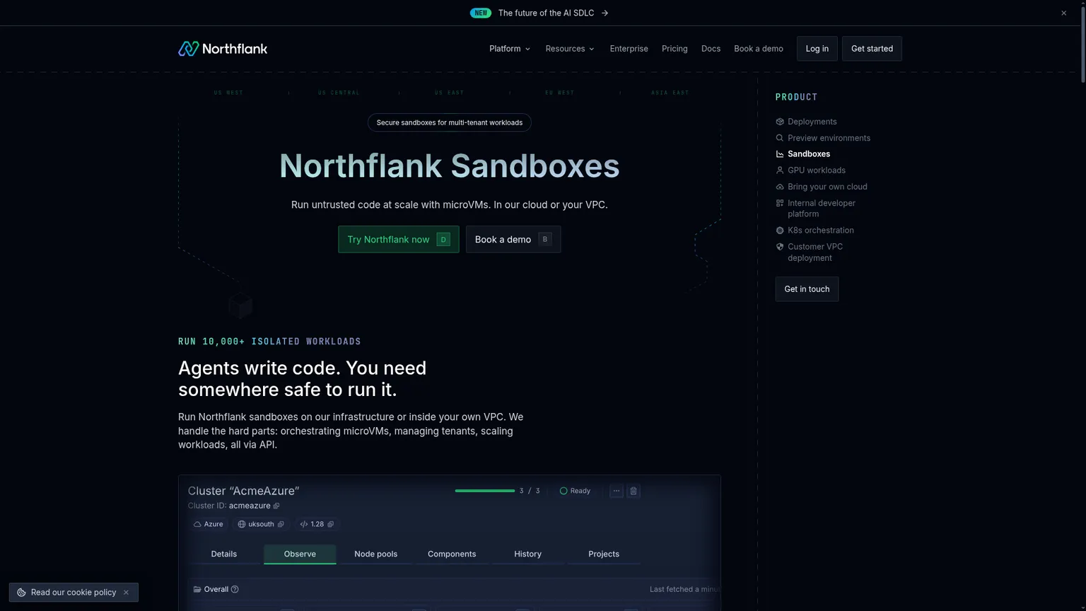 Produktseite von Northflank Sandboxes für isolierte Workloads und Bring Your Own Cloud