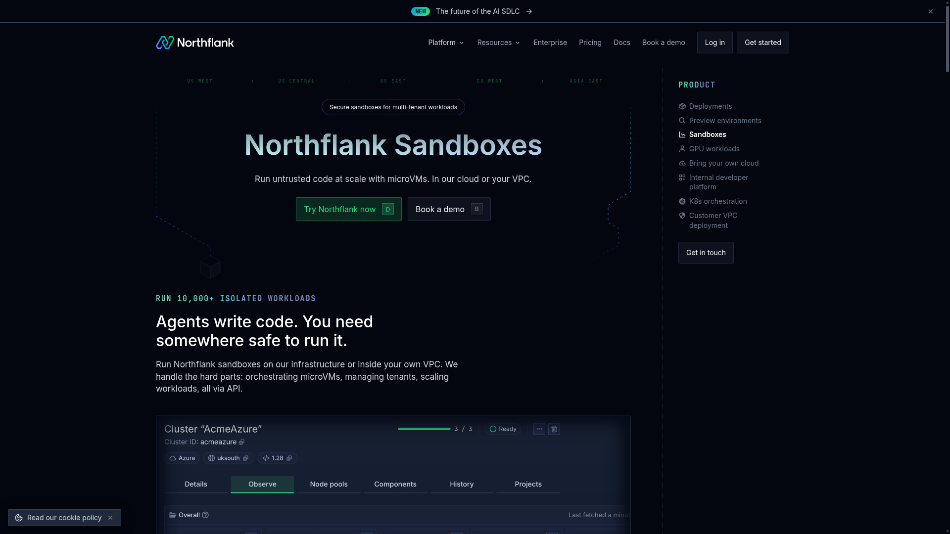 Northflank Sandboxes product page showing isolated workloads and bring your own cloud