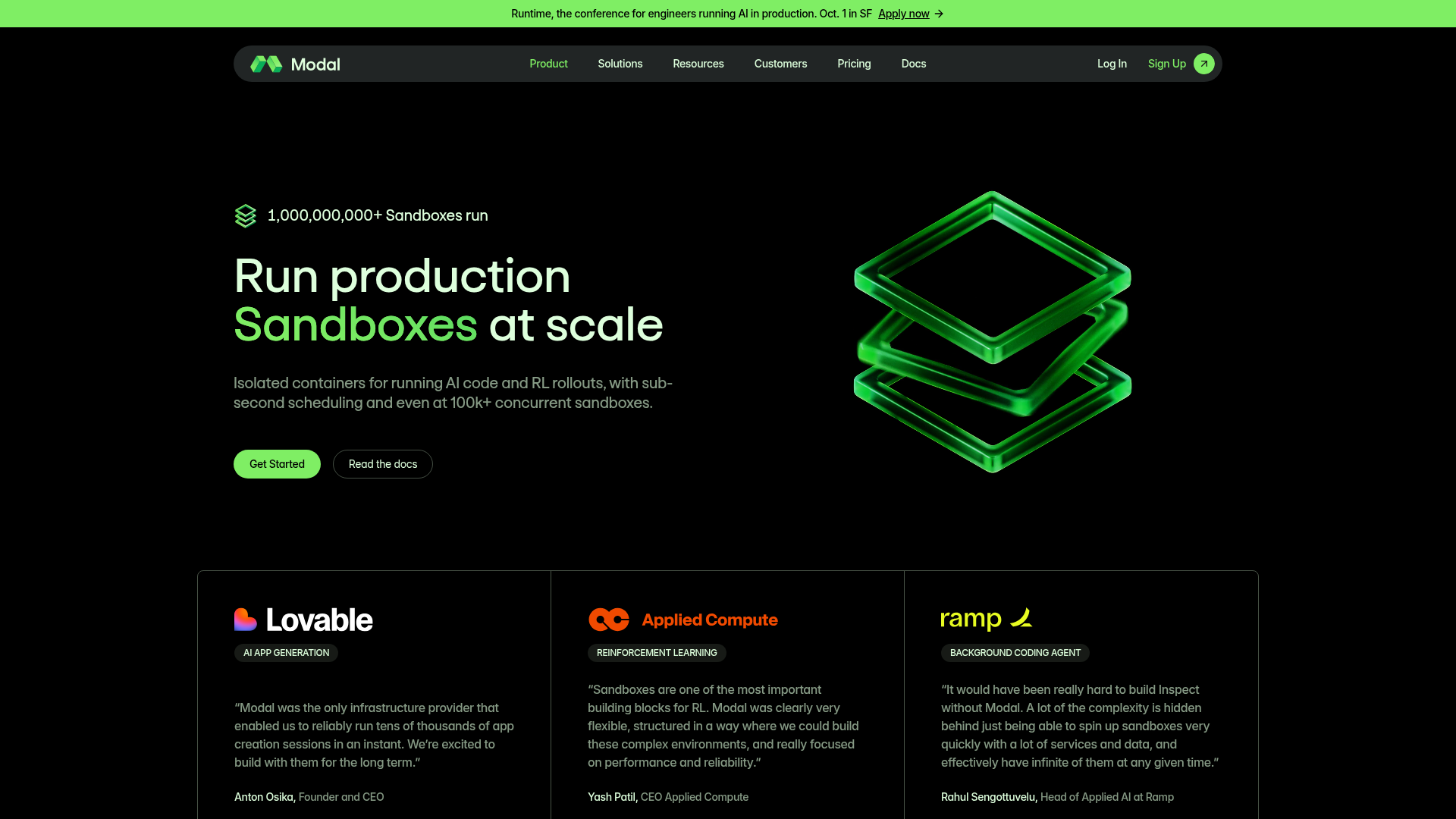 Modal Sandboxes product page for Python, GPU, and sandbox workloads