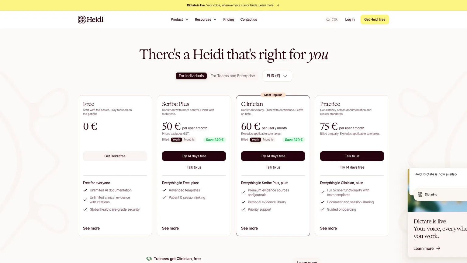 Planes de precios del escriba clínico Heidi para la atención de salud humana