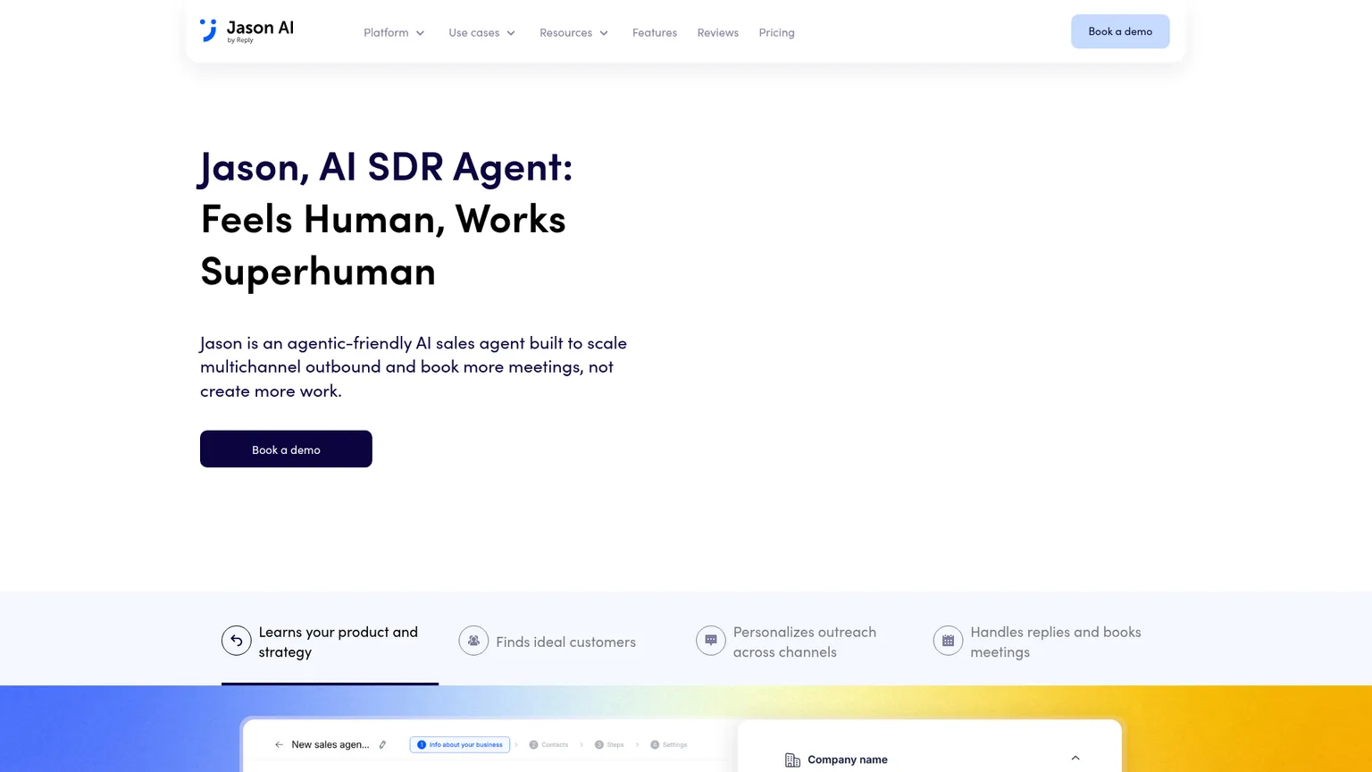 صفحة منتج Reply.io Jason التي تشرح الاستهداف واعتماد الردود وحجز الاجتماعات