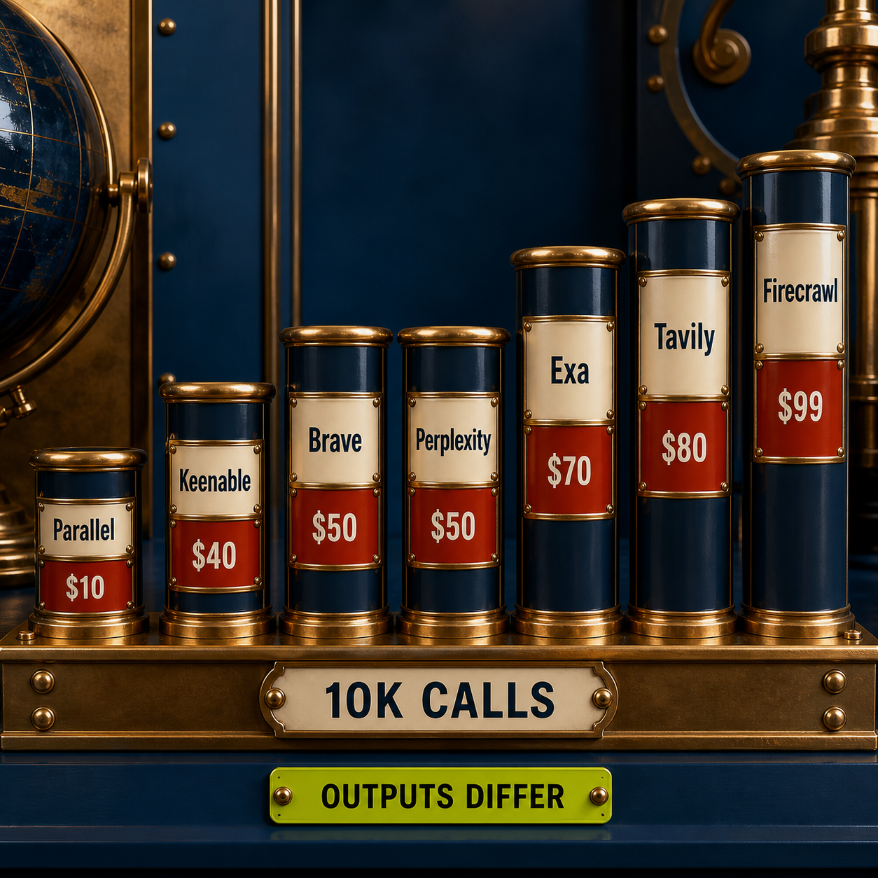 Physical column chart comparing the cost of ten thousand search calls across seven APIs