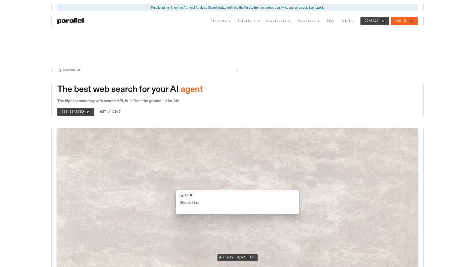 Parallel Search API product page showing search for AI agents