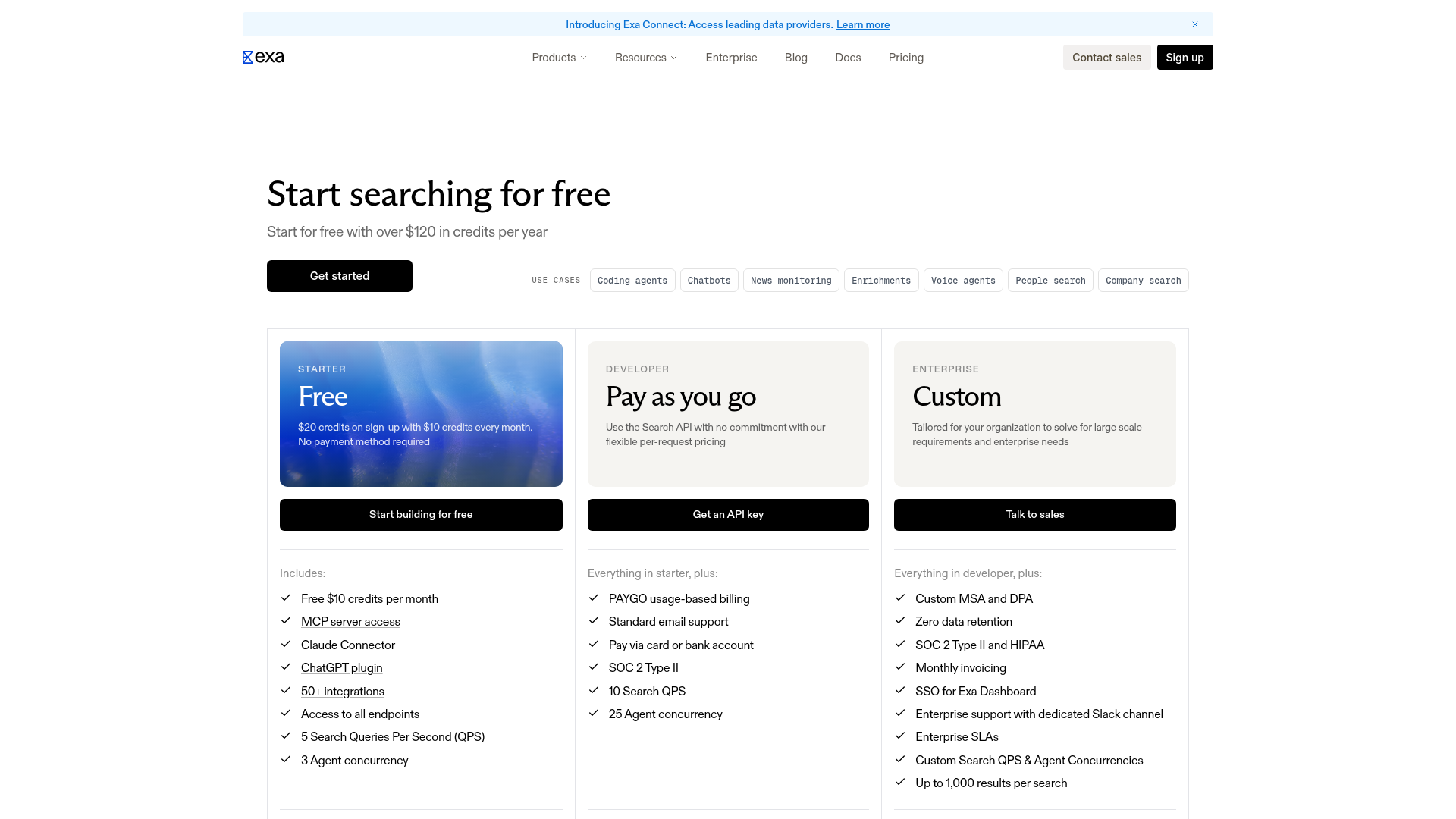 Exa API pricing page for search and research endpoints