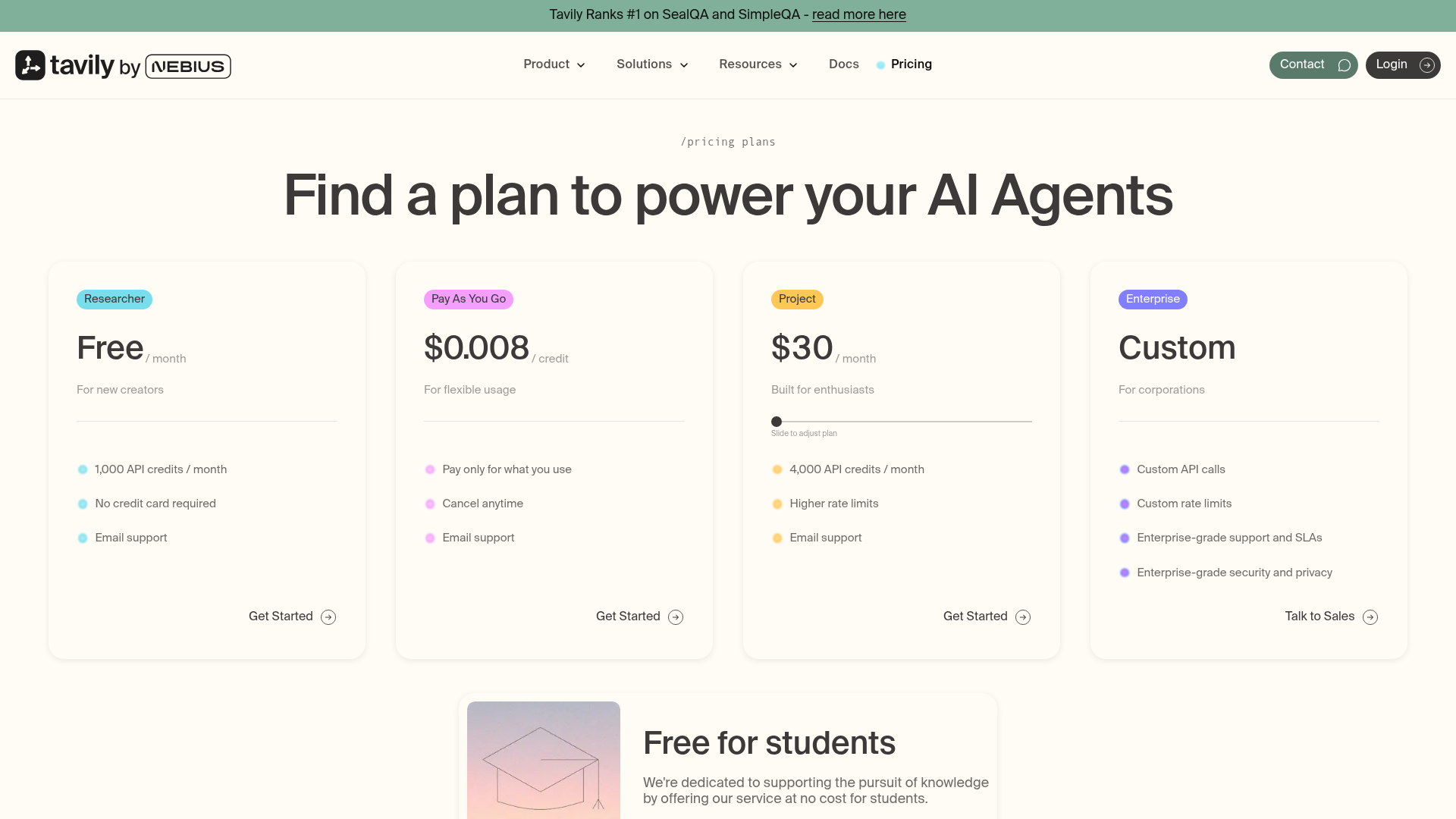Tavily pricing page for AI agent search credits