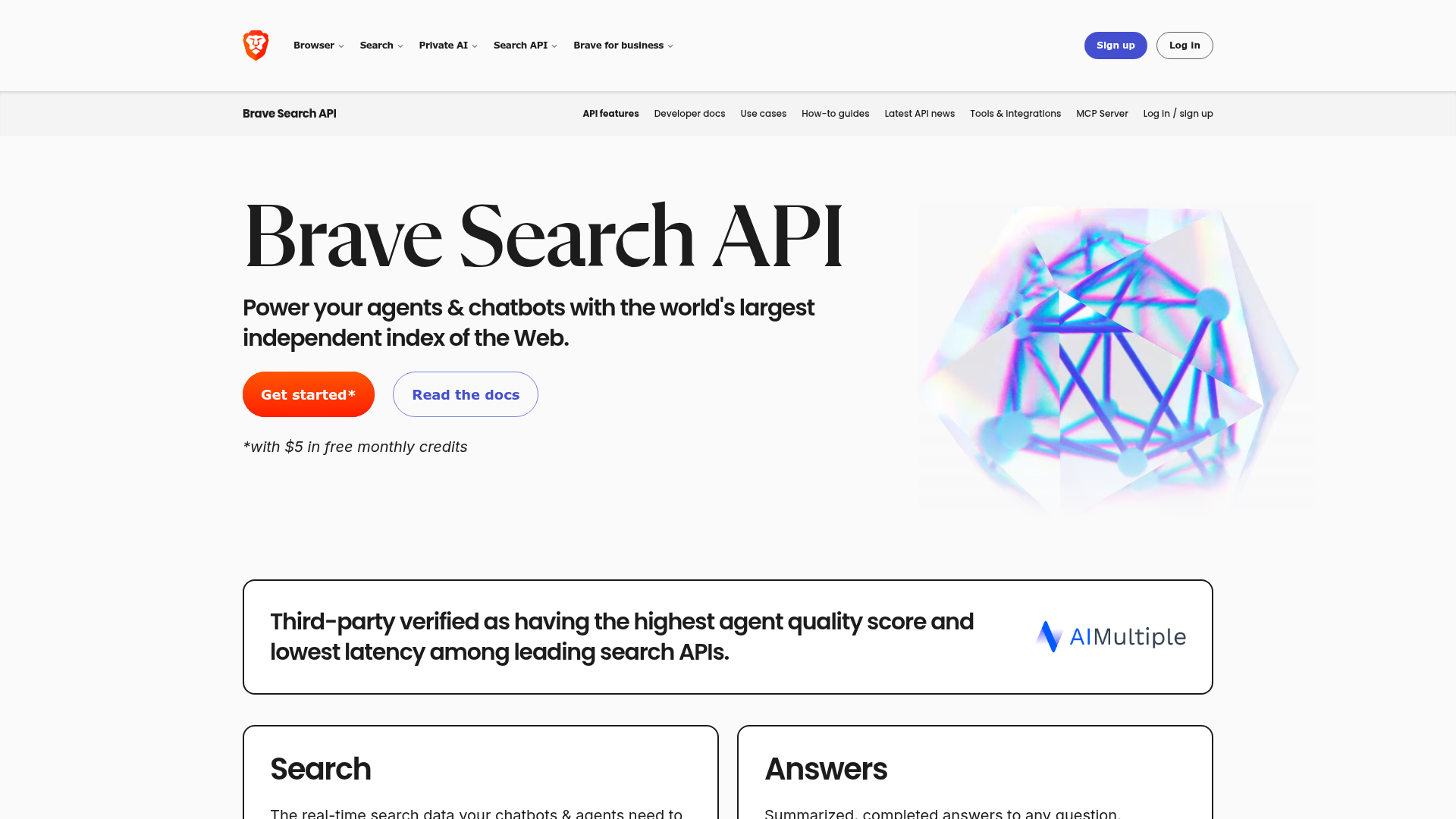 Brave Search API page showing plans and agent search capabilities