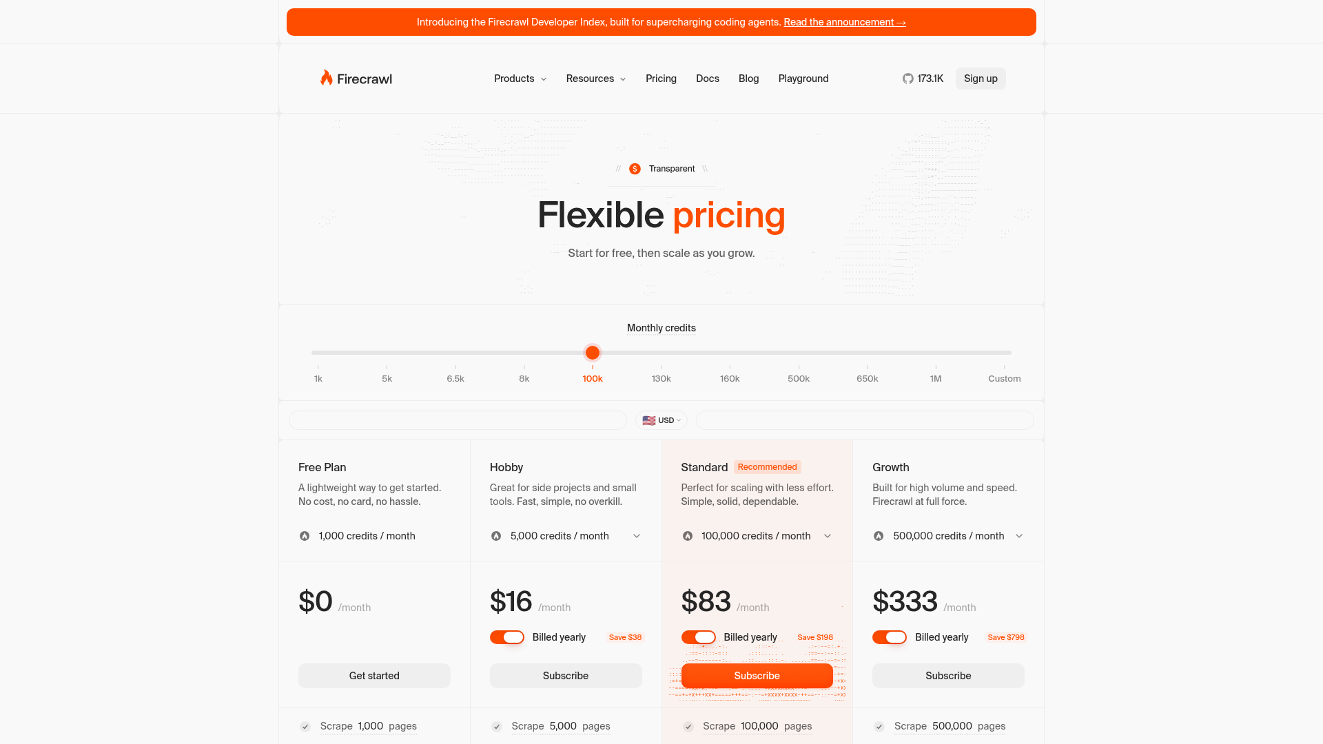 Firecrawl pricing page with credits for search and scraping