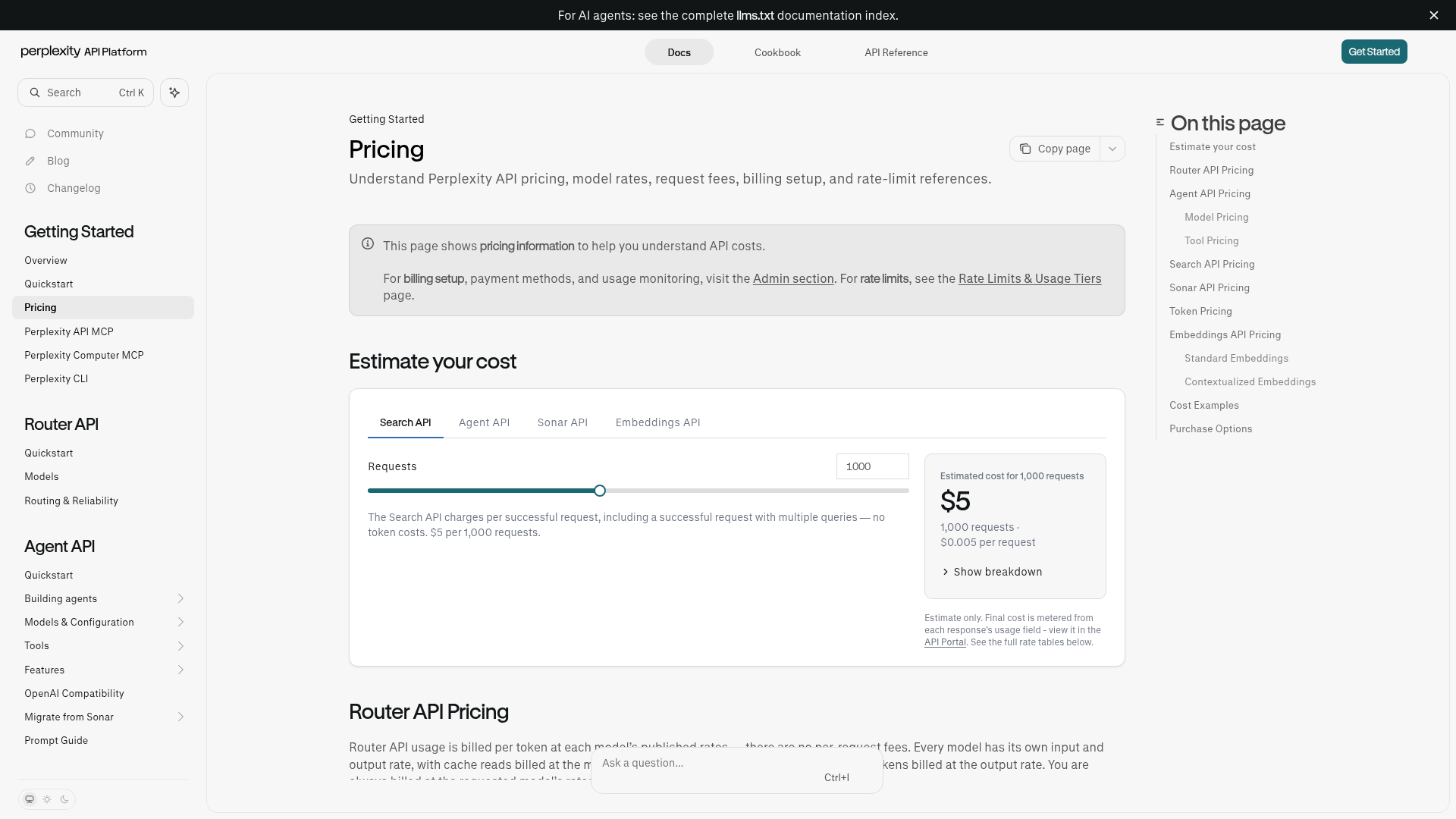 Perplexity API pricing page showing Search API request pricing