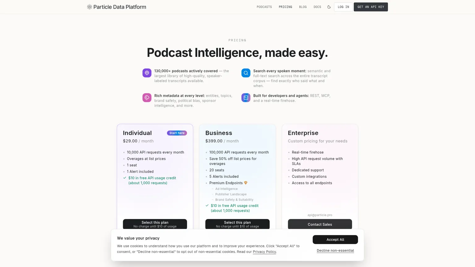 Page de tarification et d'API d'intelligence podcast de Particle Radar