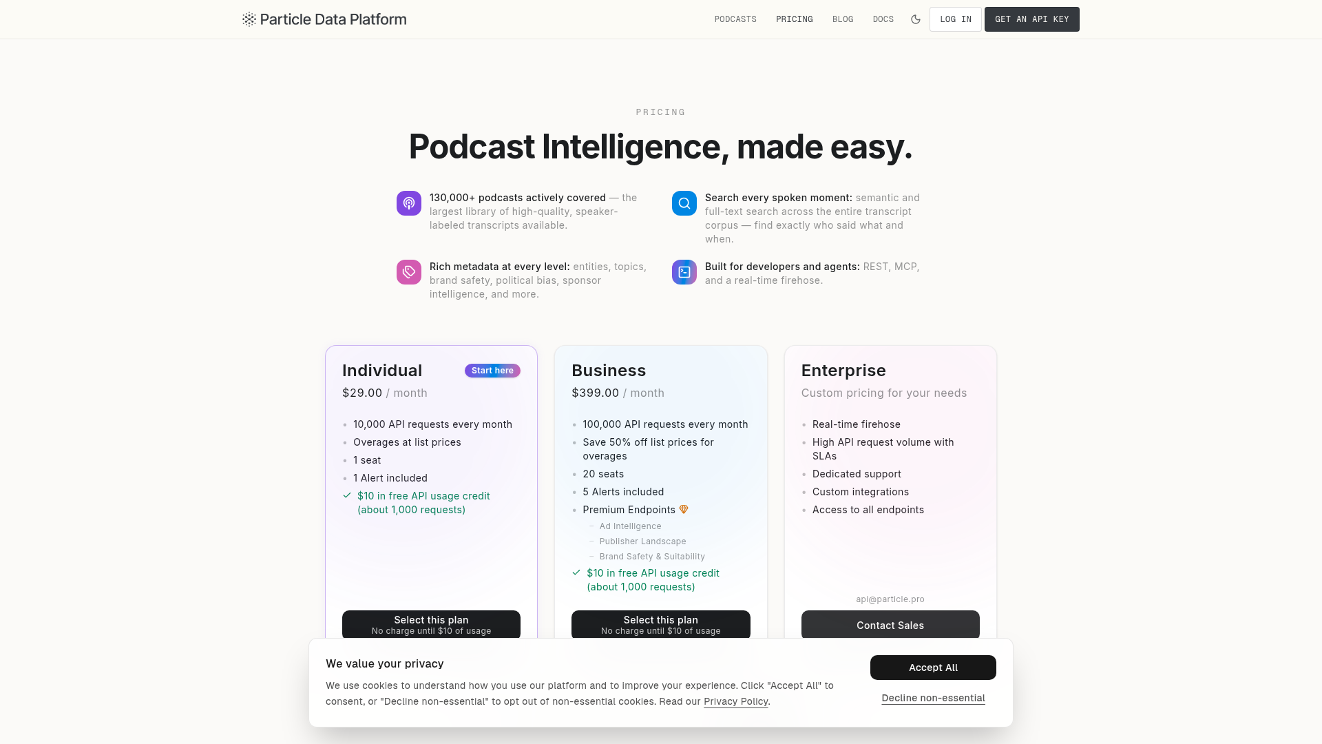 Particle Radar podcast intelligence pricing and API page