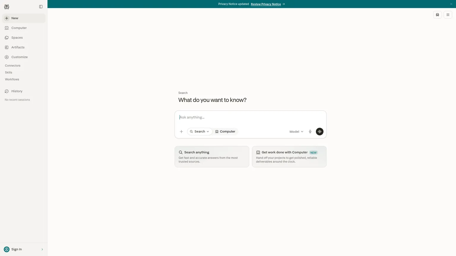 Interfaz del buscador con IA Perplexity