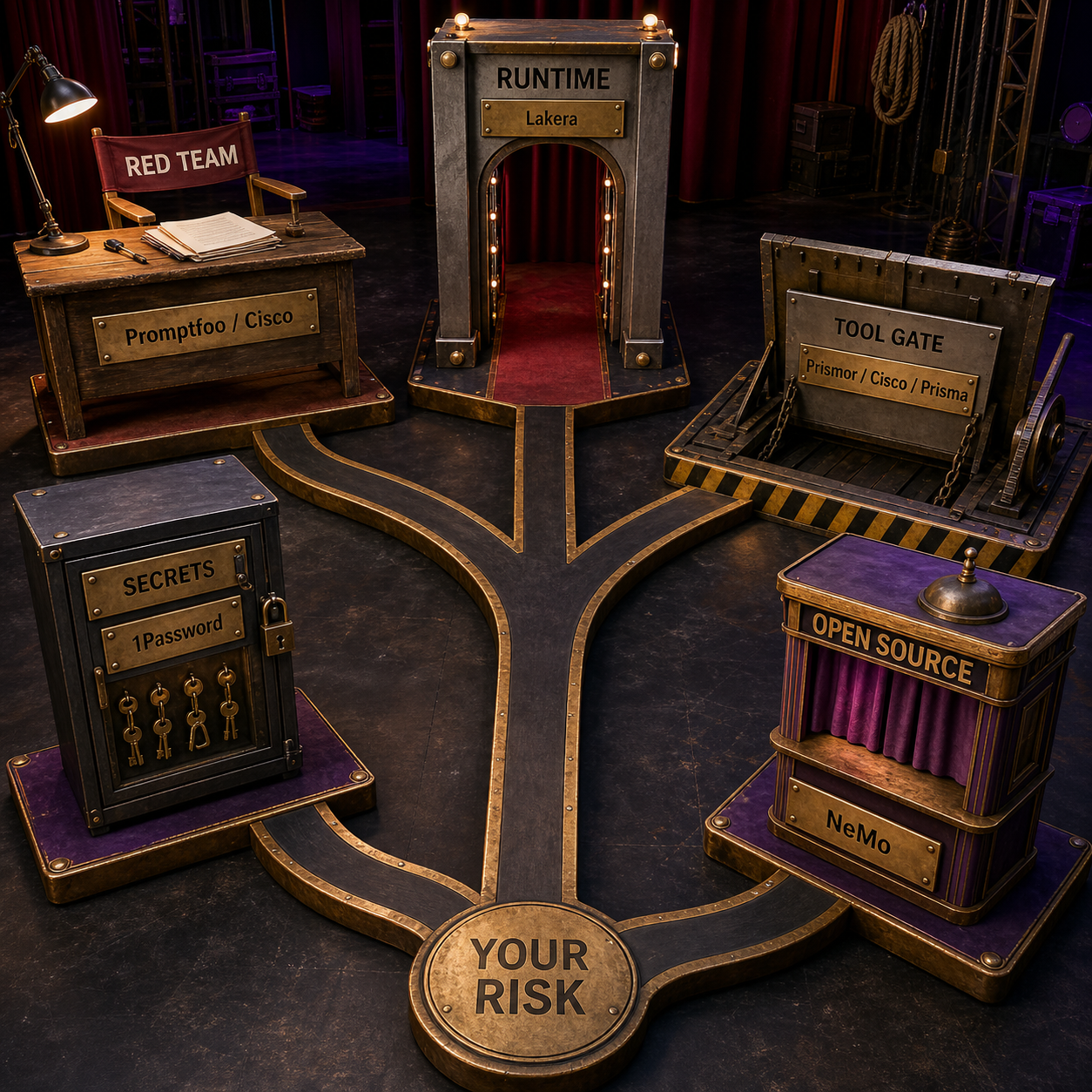 Decision path routing AI security buyers to red-team, runtime, tool gate, secrets, and open-source options