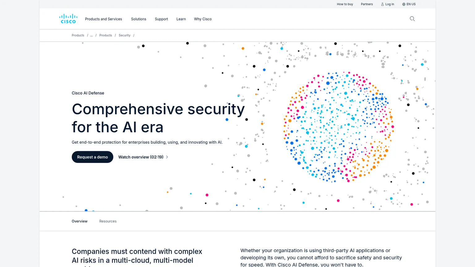 Cisco AI Defense product page showing AI security capabilities
