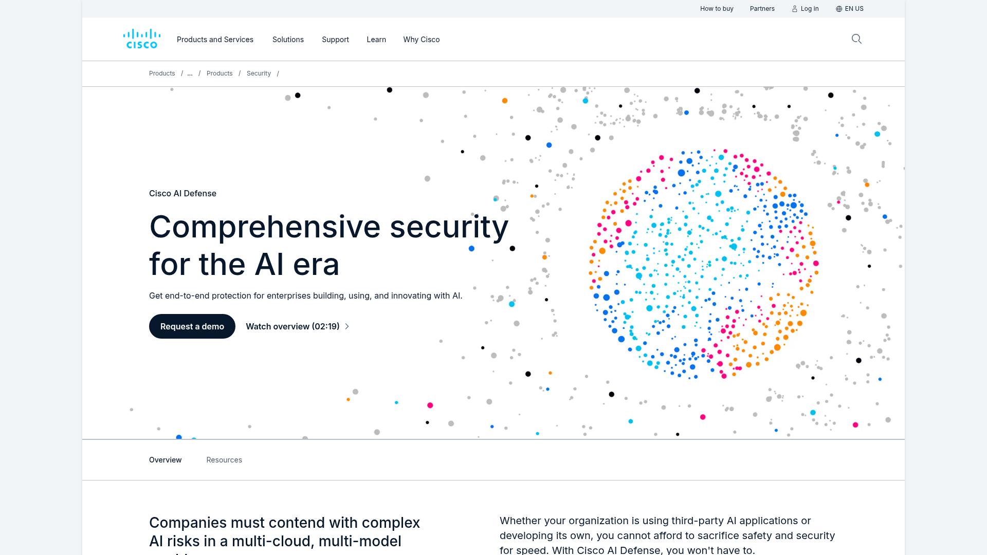Cisco AI Defense product page showing AI security capabilities
