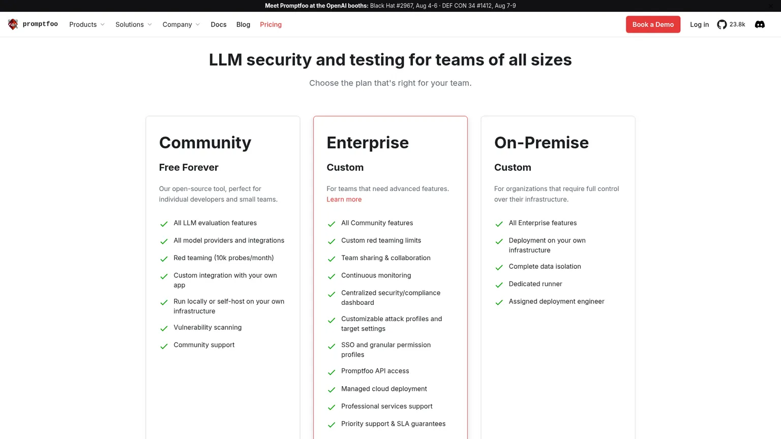 Promptfoo pricing page showing Community, Enterprise, and On-Premise tiers