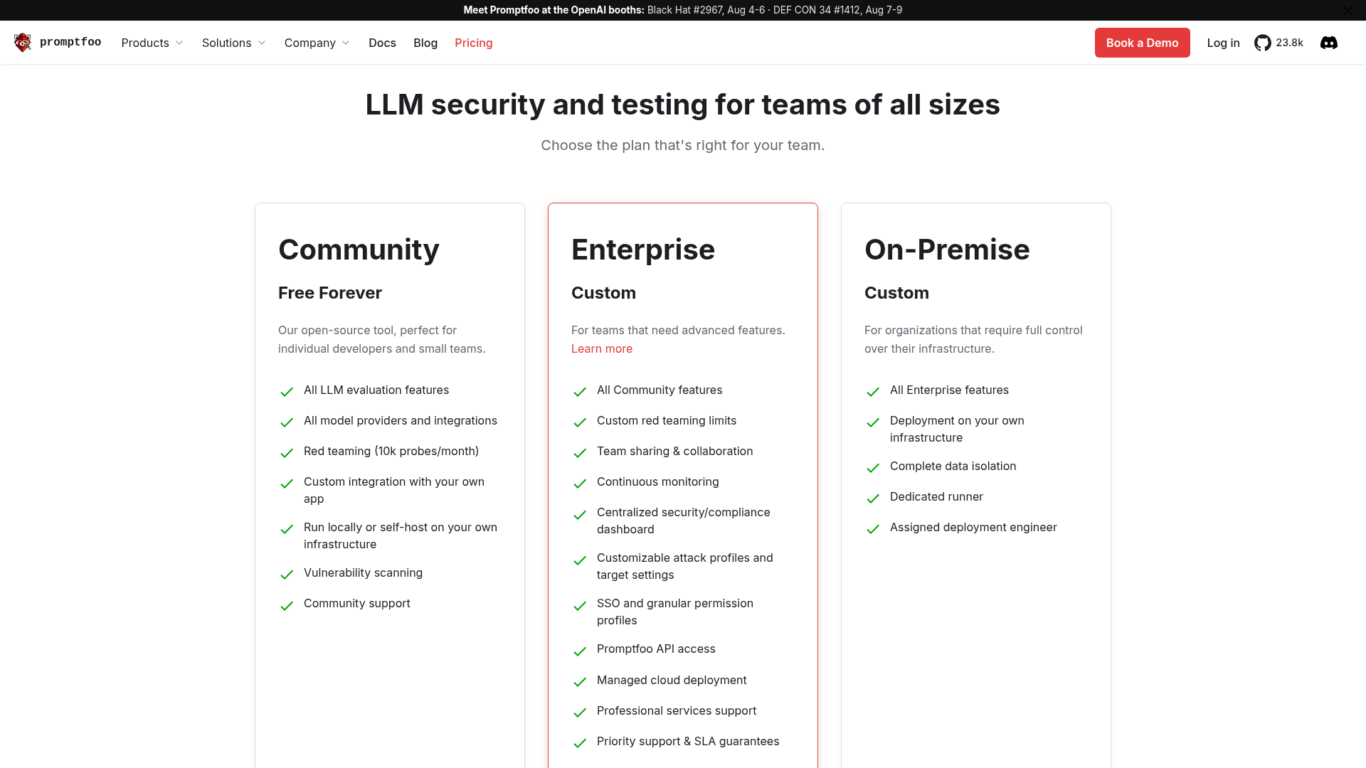 Promptfoo pricing page showing Community, Enterprise, and On-Premise tiers